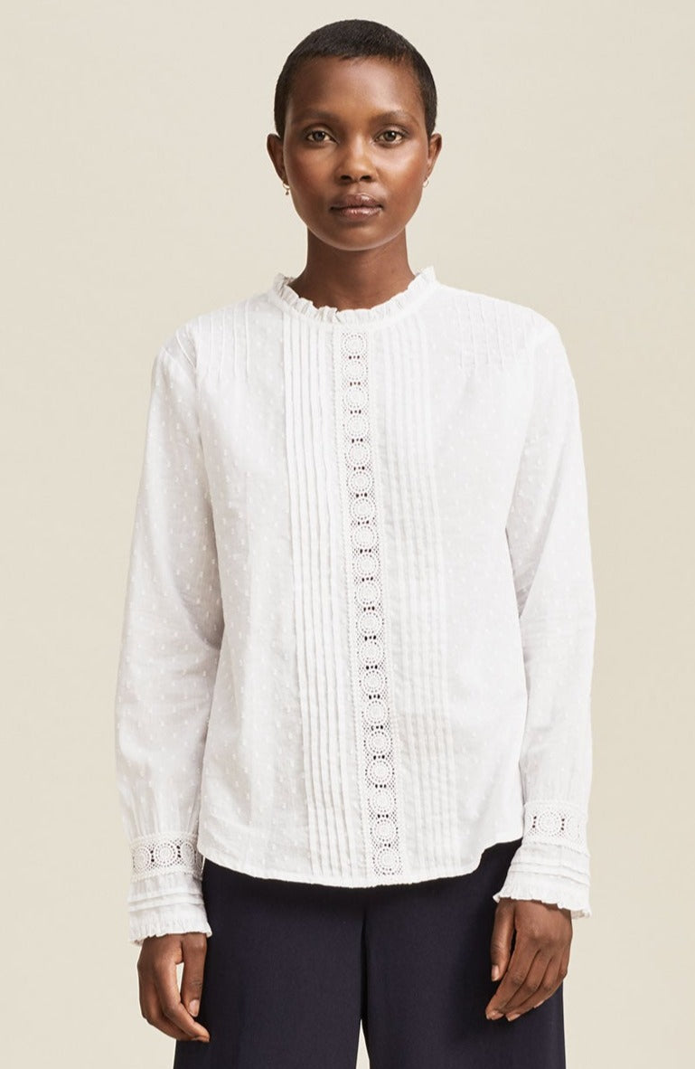 Gina Frill Dobby Blouse for Women - Elegant White Blouse with Ruffles | Perfect for Office Wear, Date Night & Spring Outfits