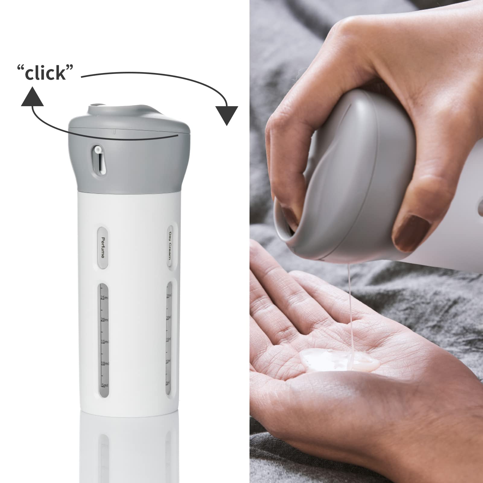 2 Pack 4 in 1 Travel Dispenser Bottles - Leak Proof TSA Approved Containers for Toiletries, Shampoo, Conditioner & Lotion - Perfect for Airplane Carry-on & Camping Trips (Pink & Gray)