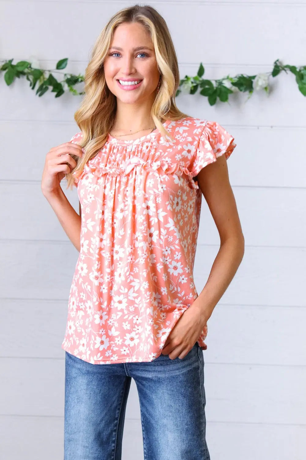 Peach Floral Print Frilled Short Sleeve Yoke Top for Women | Summer Blouse | Casual & Party Wear