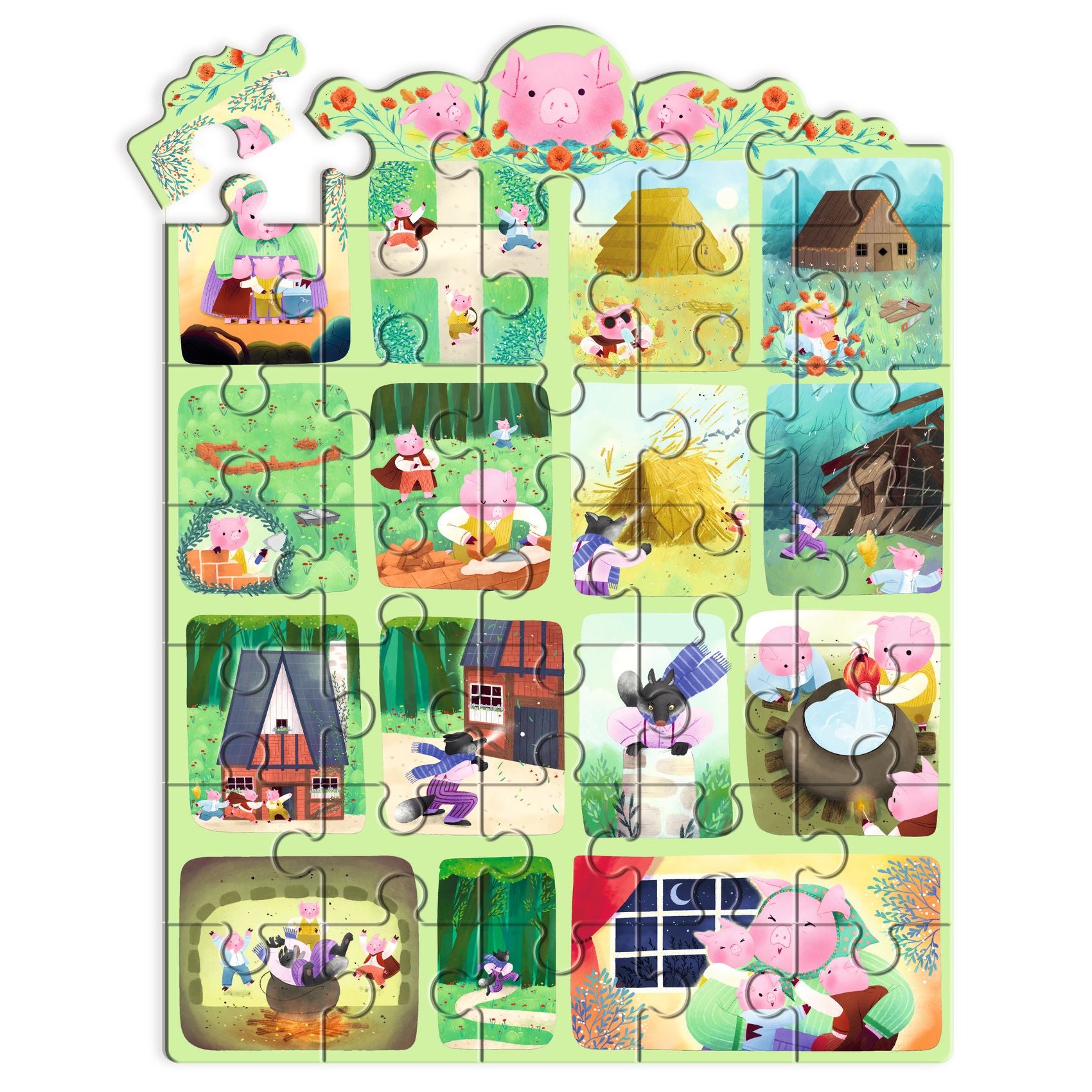Djeco Three Little Pigs 35-Piece Story Puzzle for Kids | Educational Wooden Jigsaw Toy | Perfect for Preschool Learning & Family Game Night