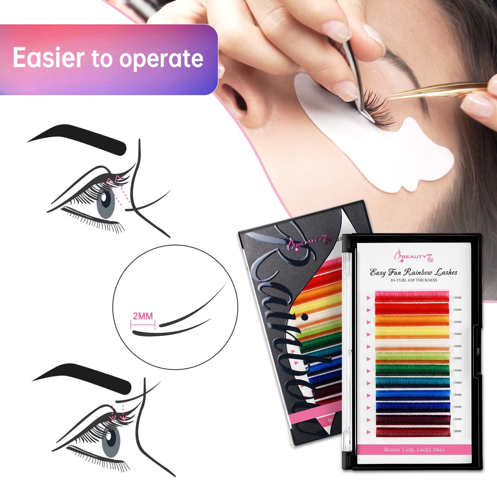Beauty7 Rainbow Colored Lash Extensions - 12 Vibrant Shades, Self-Fanning Ombre Lashes, D+ Curl, 0.05mm Ultra-Thin, 13mm Dramatic Length | Perfect for Parties, Halloween, Cosplay & Bold Makeup Looks