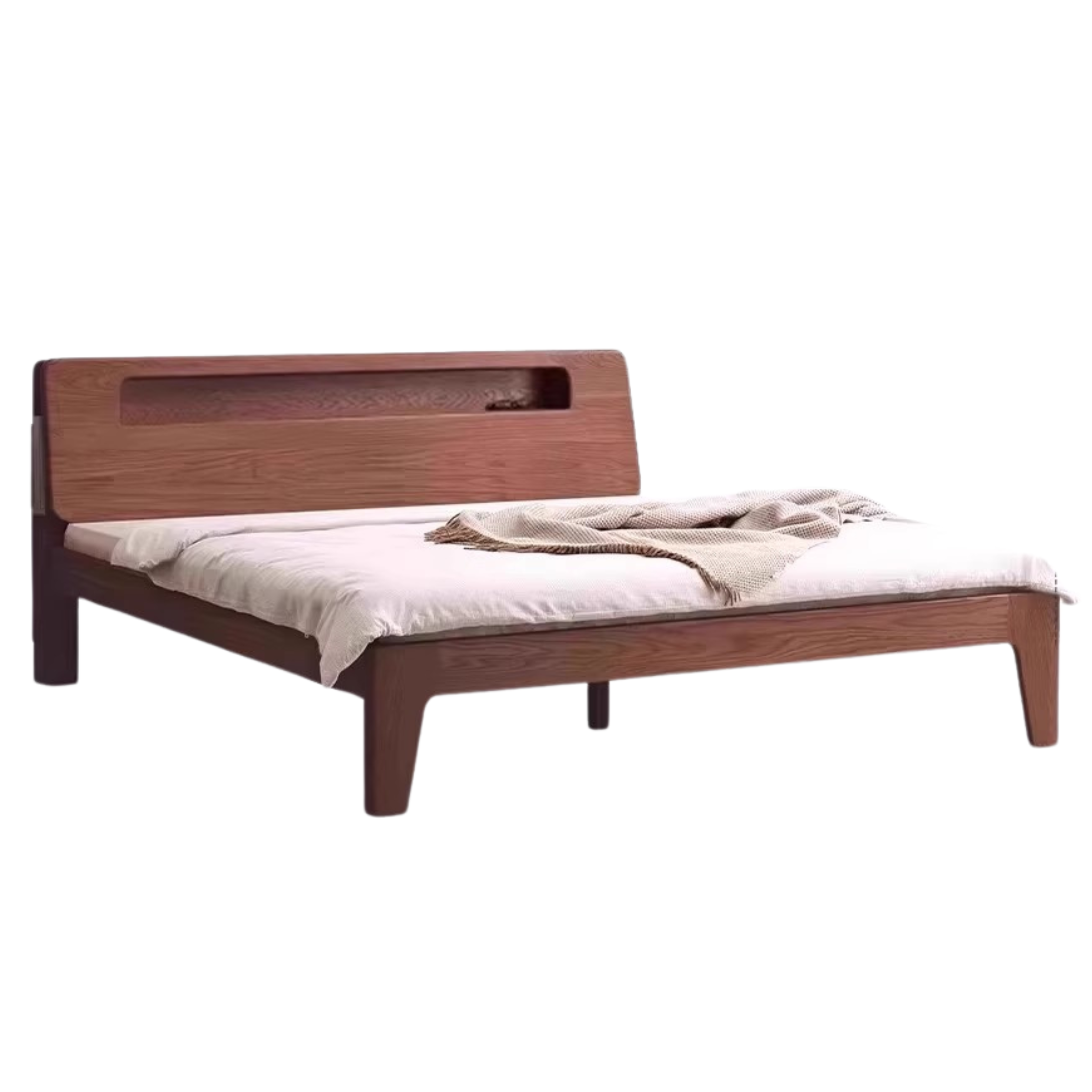 Solid Oak and Beech Wood Bed with Built-in LED Lights and Bookshelf - Modern Bedroom Furniture for Small Spaces, Lofts, and Studio Apartments