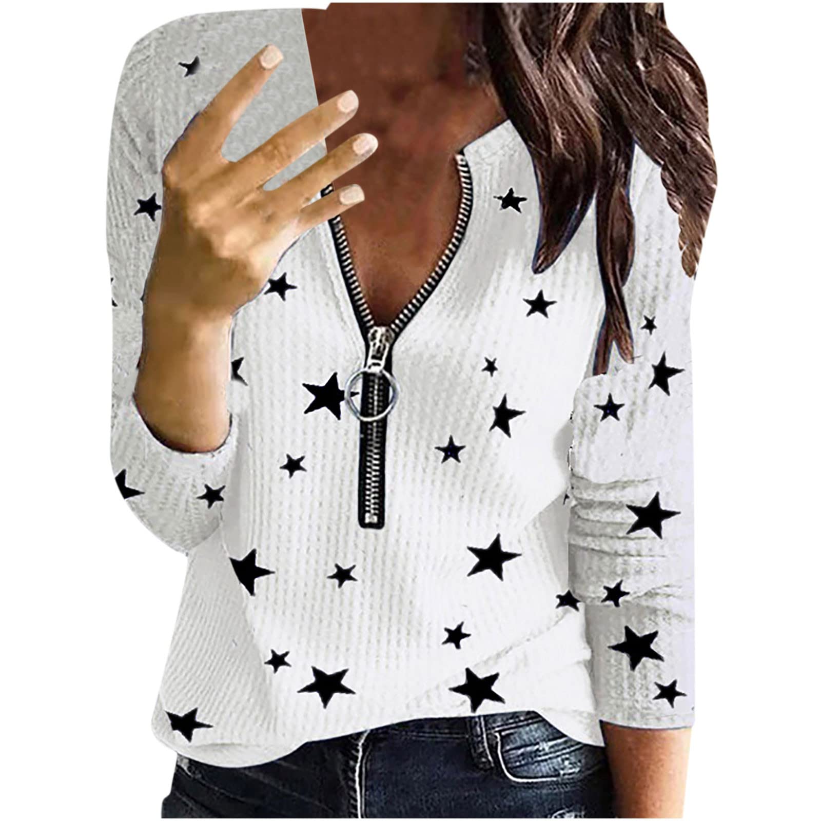 Women's Waffle Knit Shirt - Dressy Casual Half Zip V-Neck Long Sleeve Blouse - Loose Fitting Tunic Top to Hide Belly - Perfect for Work, Date Night & Everyday Wear