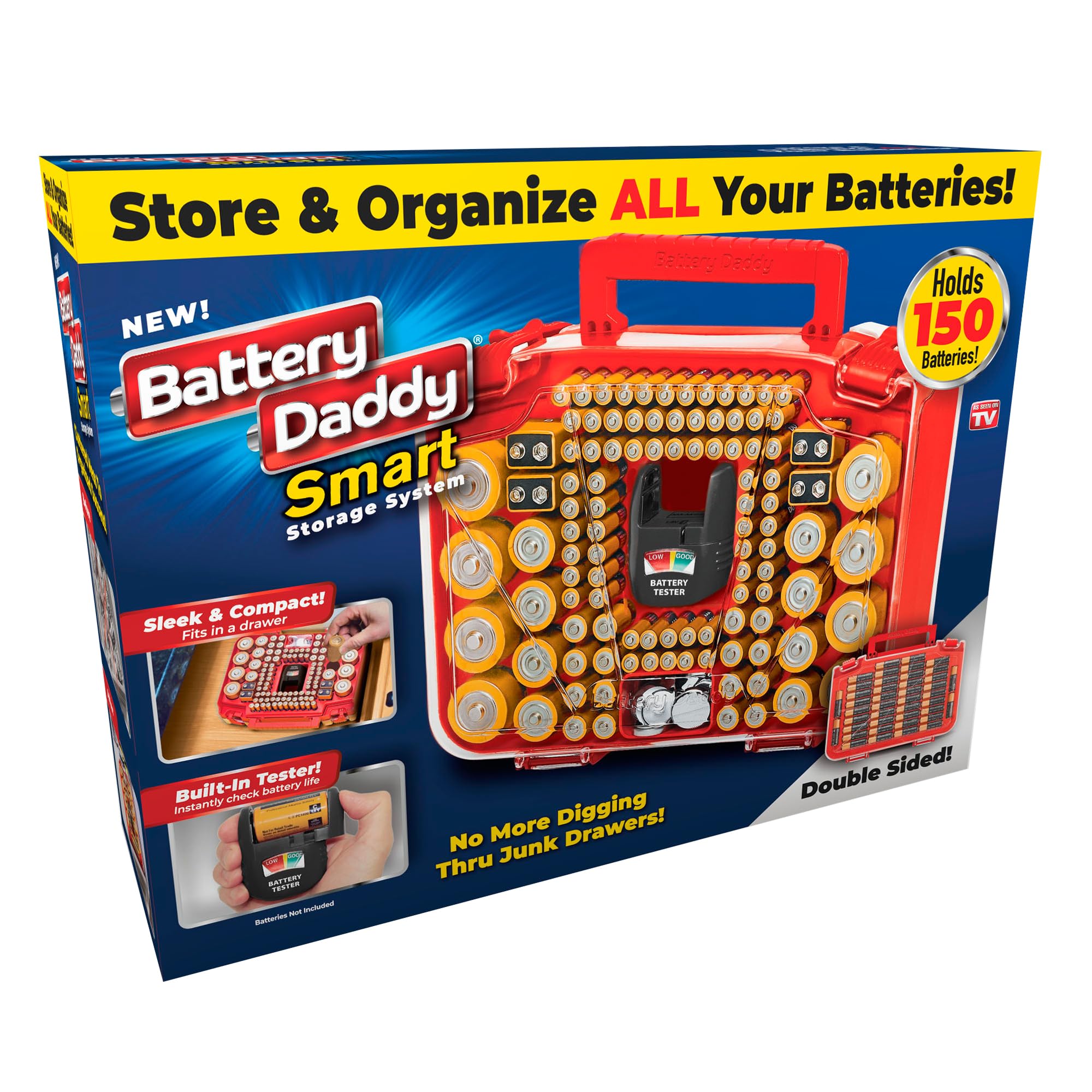 Ontel Battery Daddy Smart - Battery Organizer Storage Case with Tester, Holds 150 Batteries, Clear Locking Lid, AA AAA C D 9V Battery Organizer - Perfect for Home, Office, Emergency Kits & Travel (BADAS-MC4)