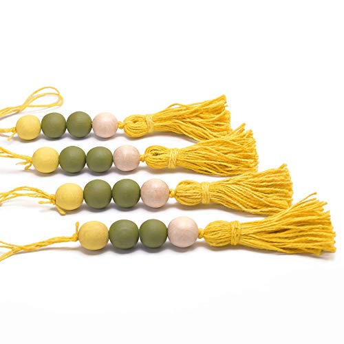 Farmhouse Wooden Beads Garland Set - 4pcs Scandinavian Door Knob Tassels for Rustic Home Decor, Hygge Prayer Beads & Housewarming Gift - Perfect for Easter, Christmas and Boho Chic Interior Design