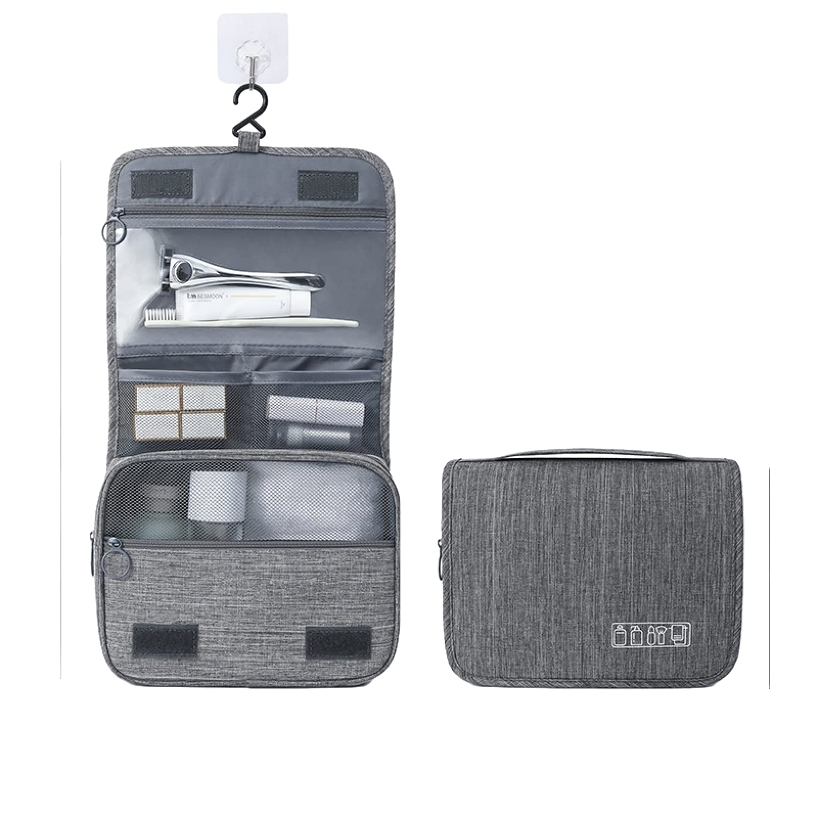 Waterproof Hanging Travel Makeup Organizer Bag with Wet/Dry Compartments - Grey Cosmetic Storage for Toiletries, Shampoo, Skincare - Perfect for Vacation, Gym, Camping & Business Trips