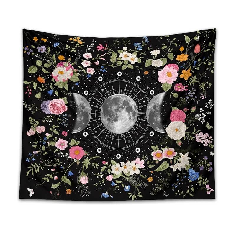 Floral Triple Moon Phases Tapestry Wall Hanging - Boho Home Decor for Bedroom, Living Room & Dorm - Perfect for Meditation Space & Wiccan Altar