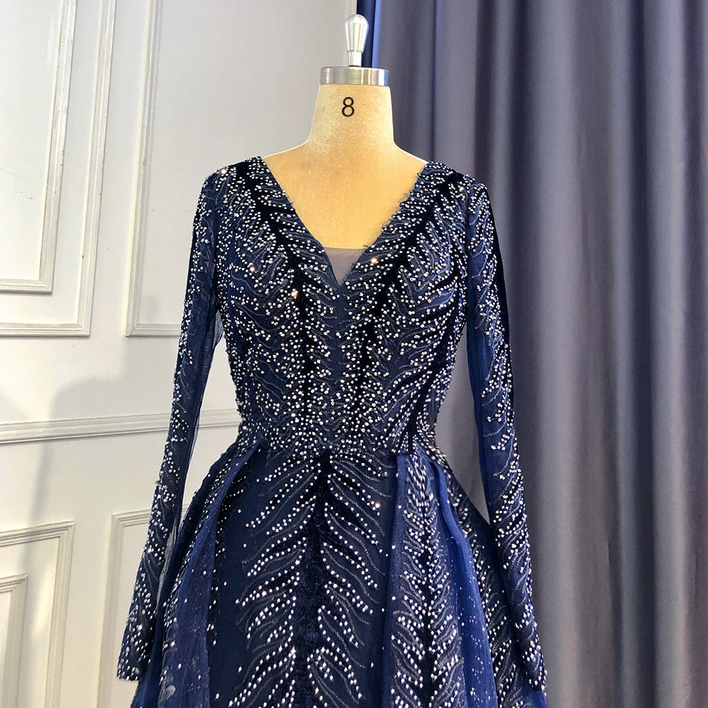 Serene Hill Navy Blue Velvet Muslim Mermaid Elegant Evening Dresses with Beaded Long Sleeves - Modest Formal Gown for Weddings, Prom & Special Occasions 2025 LA71691