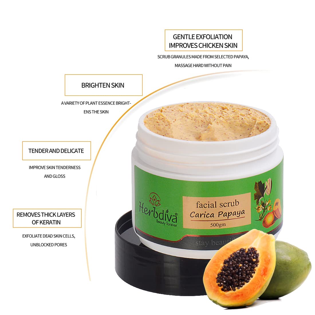 Herbdiva Carica Papaya Facial Scrub 500GM - Exfoliating Face & Neck Scrub for Tan Removal, Blackhead & Dirt Cleansing | Enriched with Papaya Extract, Vitamin A & C for Soft, Smooth Skin | Suitable for Women & Men | Perfect for Daily Skincare Routine & Spa Treatments