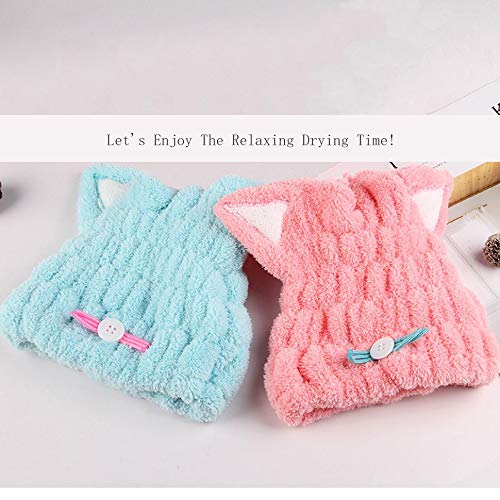 2Pcs Kids Microfiber Quick Drying Hair Towel Wrap with Cute Ears - Soft Absorbent Bath Turban Cap for Girls, Lightweight Hair Dry Hat & Headscarf (Blue & Pink) - Perfect for Post-Shower, Swimming & Spa Days