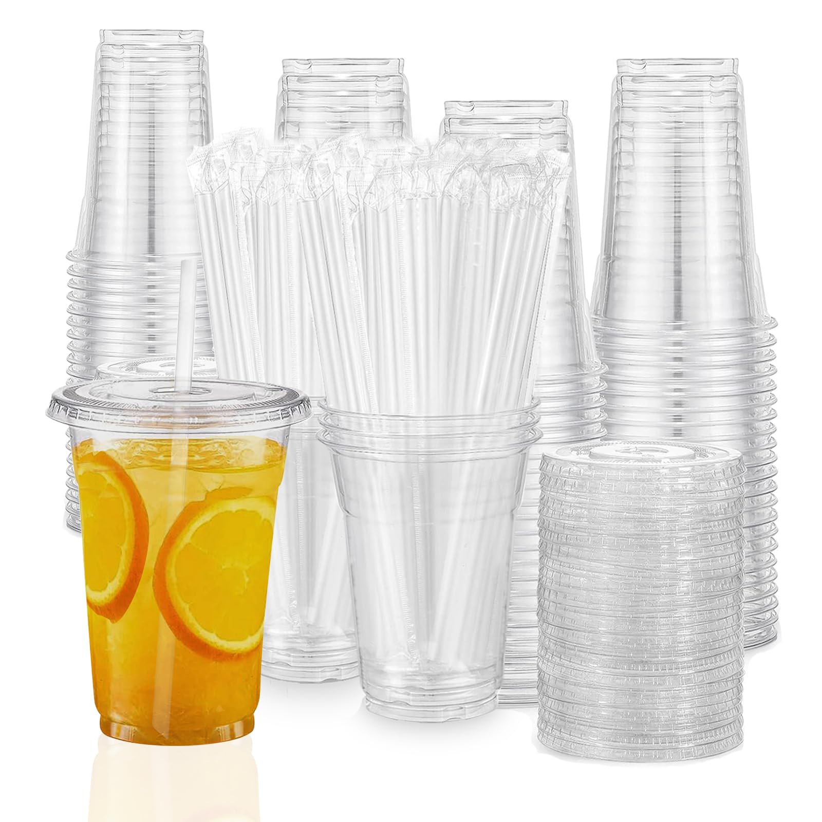 16 oz Clear Plastic Cups with Lids and Straws - 100 Sets (100 Cups, 100 Flat Lids, 100 Straws) | Disposable Iced Coffee Cups for Parties, Picnics, and Takeout Drinks
