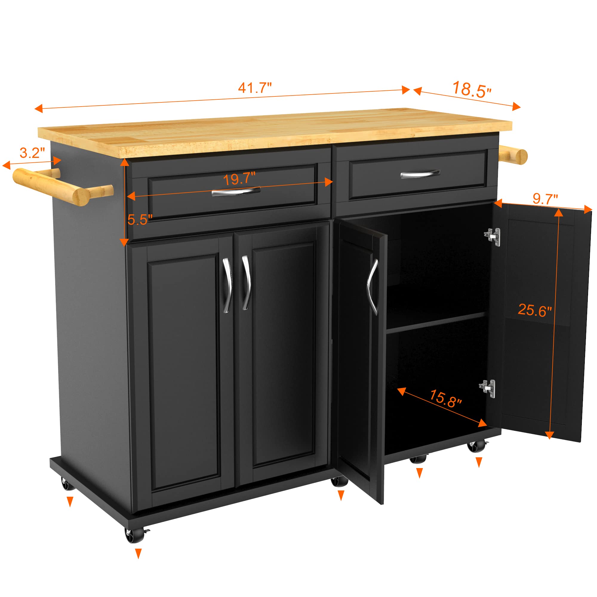 **Black Kitchen Island Cart with Storage Cabinet & Drawer - 48x18x36 Inches, Rubber Wood Top, Mobile Kitchen Island on Wheels with Towel Rack - Perfect for Small Kitchens, Dining Room Storage & Food Prep**