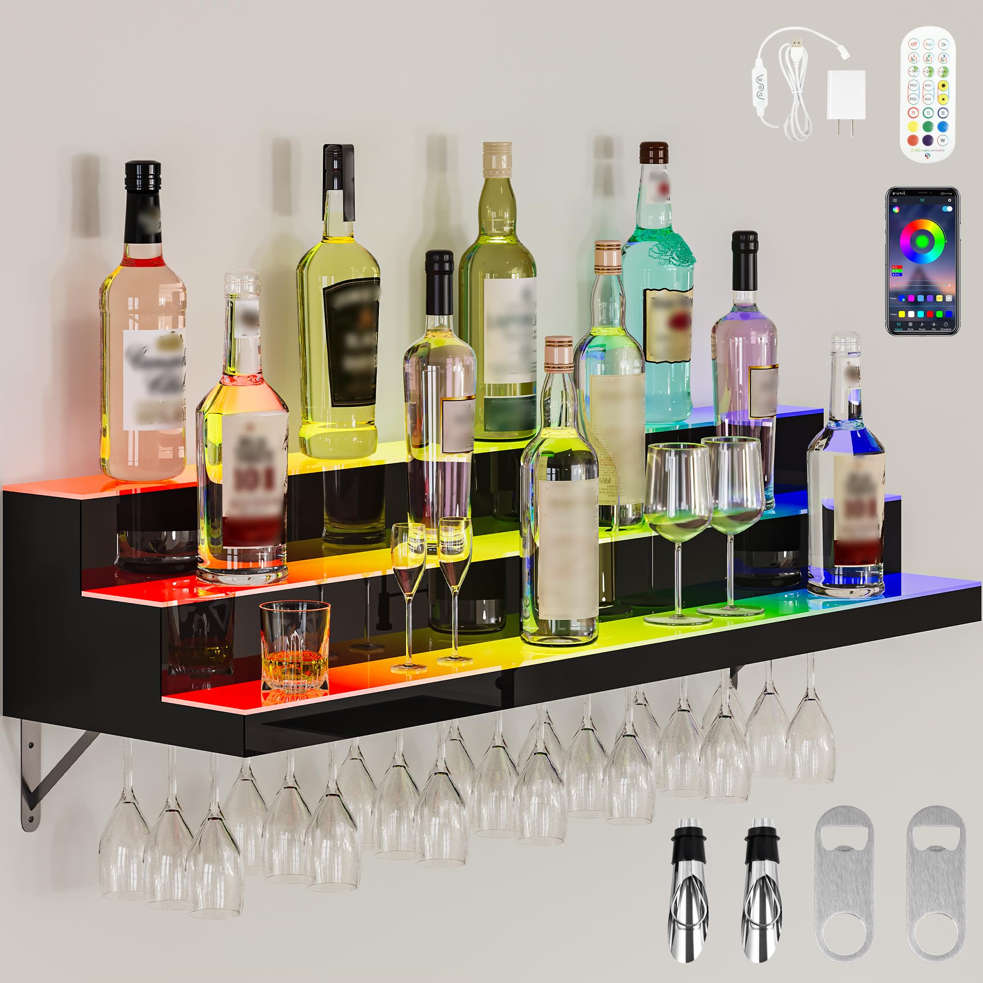 YITAHOME 40-inch 3-Tier LED Light Wall Mounted Acrylic Liquor Display Shelf with Wine Holder Slots & Remote/App Control - Modern Bar Storage for Home, Restaurant, or Commercial Use - Perfect for Whiskey, Wine, and Spirit Bottle Organization