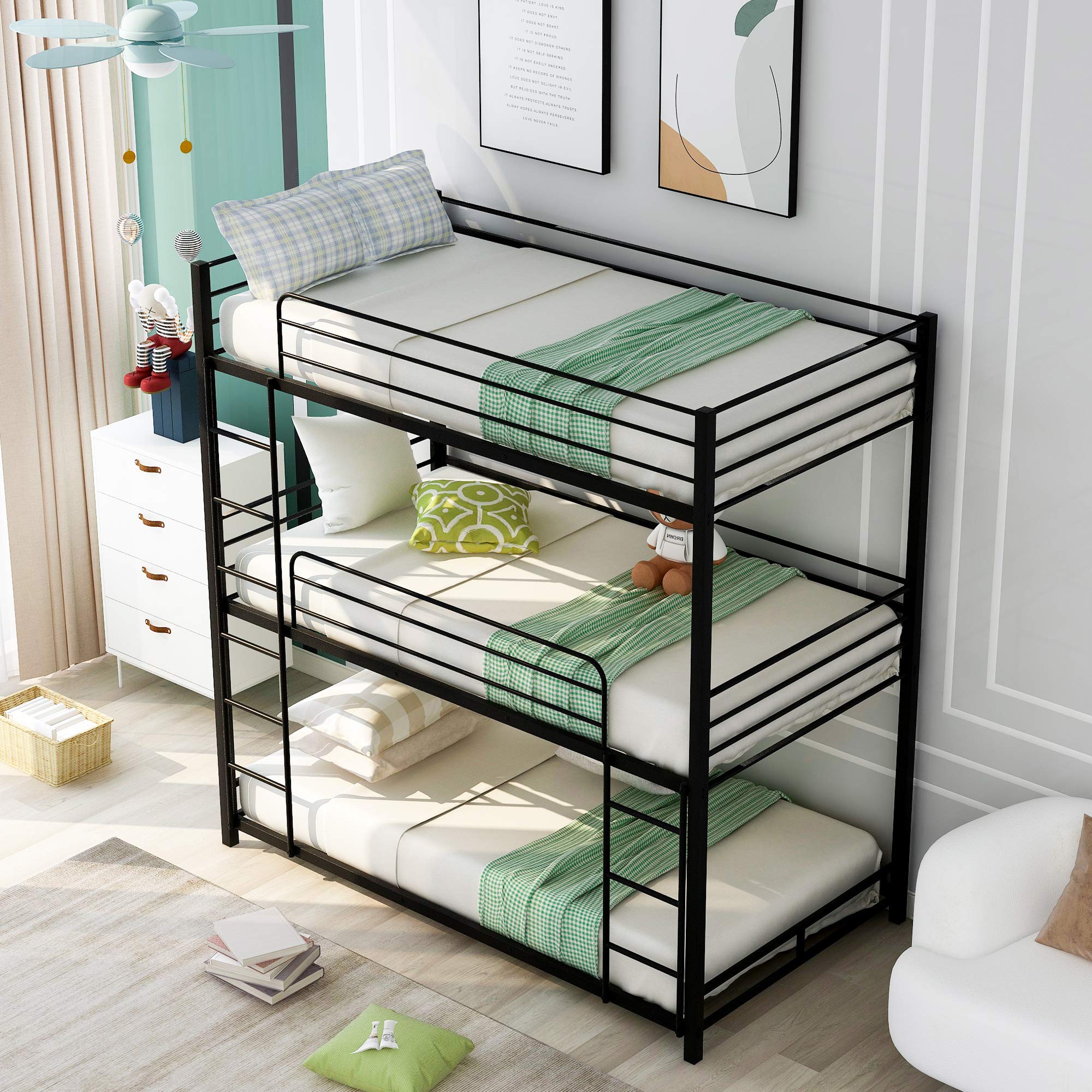 P PURLOVE Metal Triple Bunk Bed for Kids & Teens - Twin Over Twin Bunk Bed with Ladder & Safety Guardrail - 3 Tier Twin Size Bunk Bed for Bedroom, Living Room or Dorm - Easy Assembly with Included Slats (No Box Spring Needed) - Space Saving Solution for Shared Kids Rooms & Sleepovers