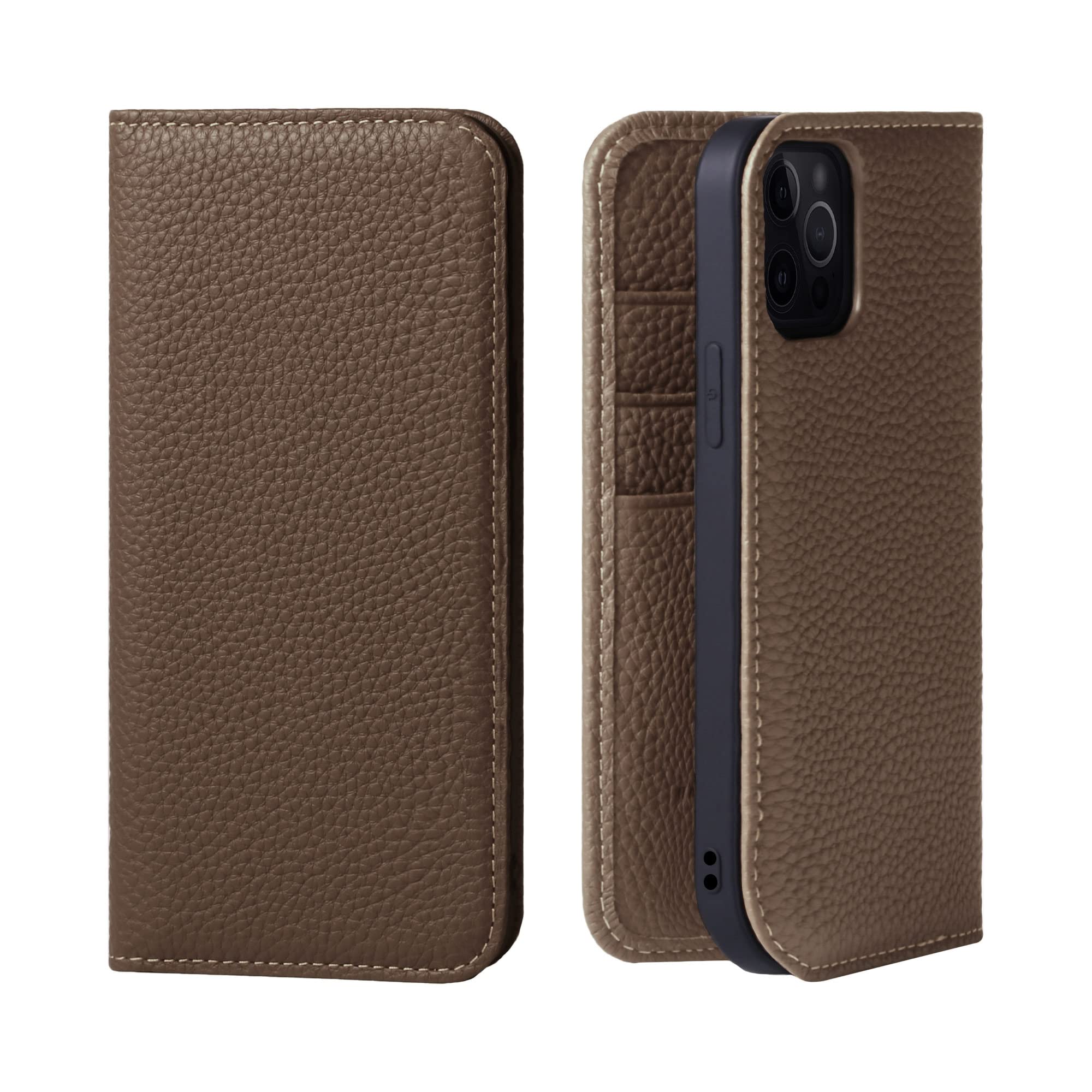 Premium Genuine Leather Flip Case for iPhone 13 Pro with Card Holder - Japan Style Hanatora PH-13Pro-Taupe - Stylish Protective Phone Cover (No Magnets) - Perfect for Business, Travel & Everyday Use