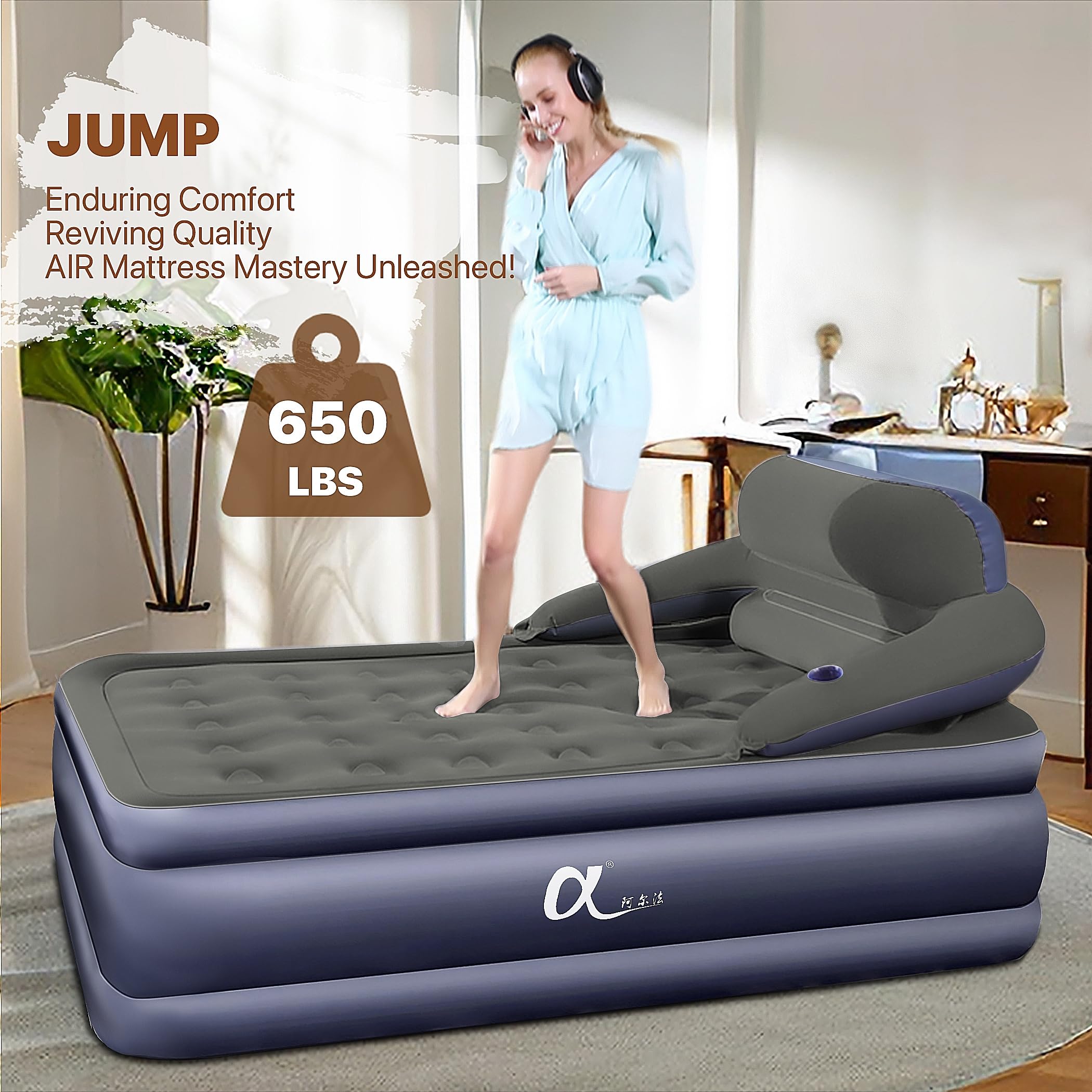 Queen Air Mattress with Headboard & Cup Holders - Comfortable Inflatable Blow Up Bed for Guests, Home & Travel - Portable Airbed for Camping, Sleepovers & Temporary Use