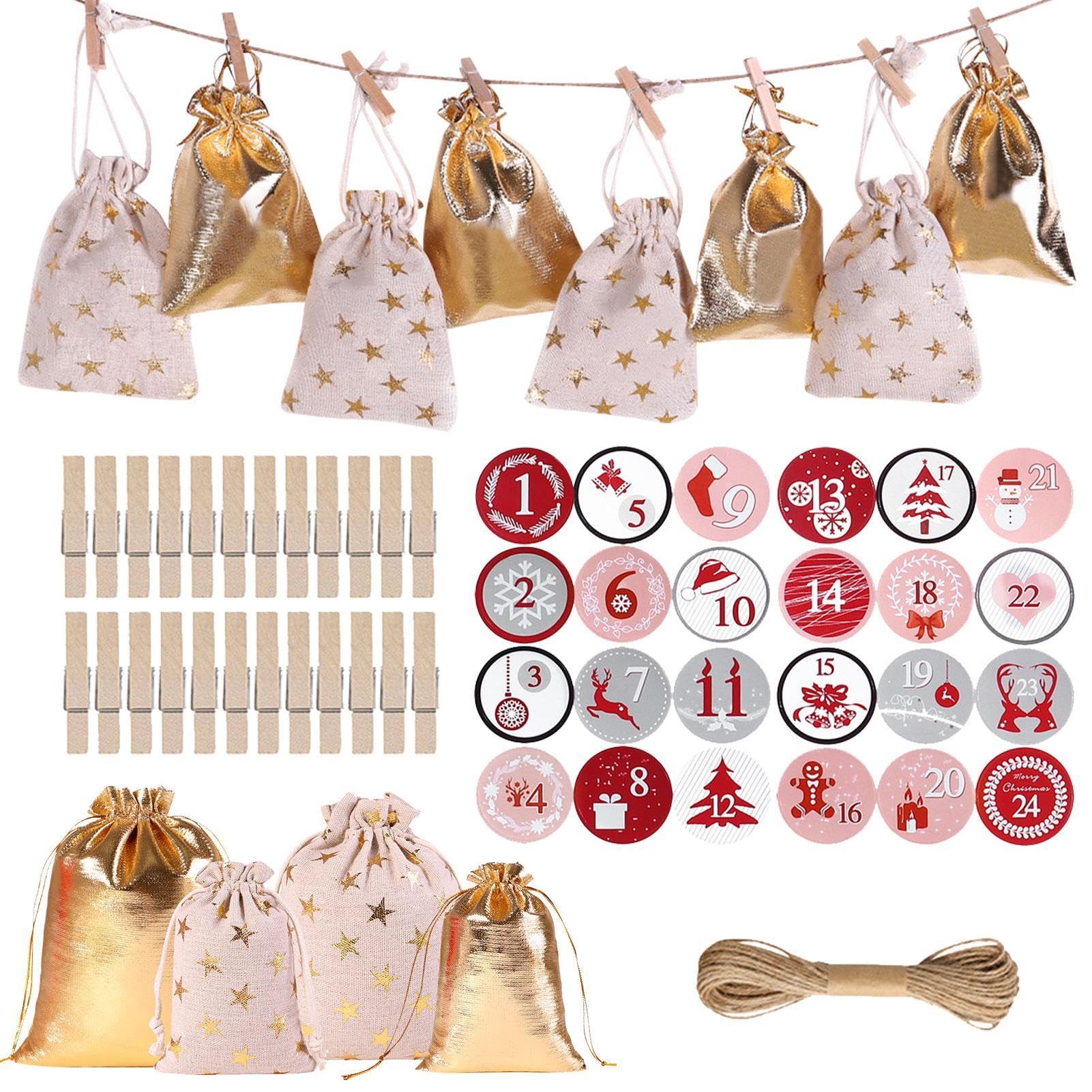 24 Countdown Advent Calendar Bags for Christmas - 24-Piece Set with Drawstring, Holiday Gift Bags for Kids & Adults - Perfect for Christmas Countdown, Party Favors, Stocking Stuffers & Festive Decorations