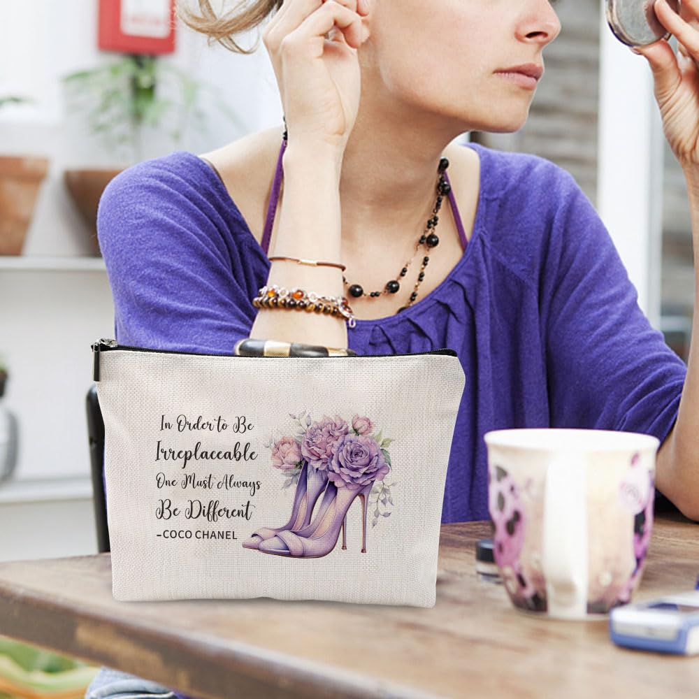 Coco Chanel Quotes Makeup Bag for Women - Waterproof Linen Cosmetic Pouch, Travel Toiletry Bag with Inspirational Quote 'To Be Irreplaceable, One Must Always Be Different' - Perfect for Travel, Gym, and Daily Beauty Essentials