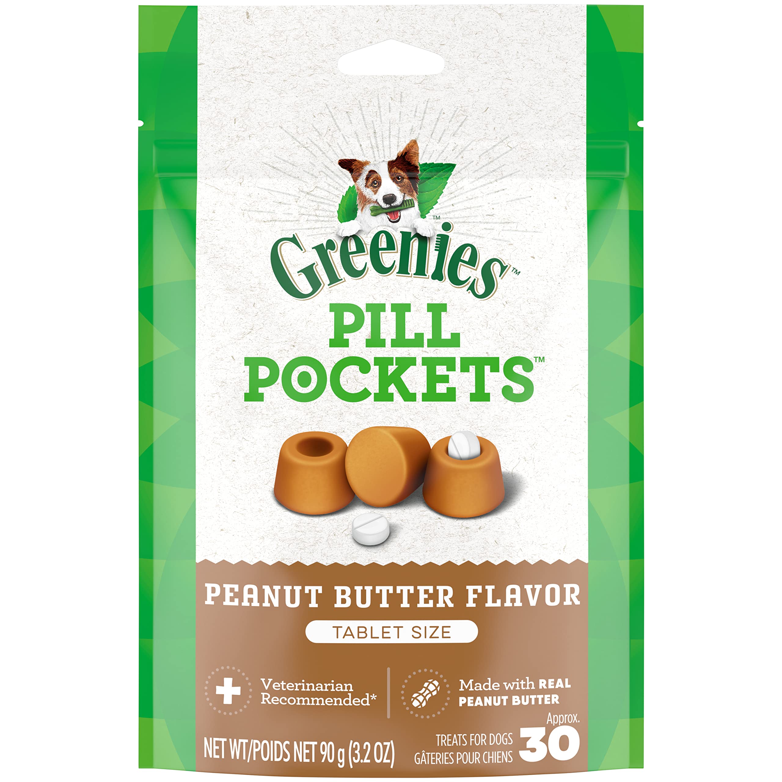 Greenies Pill Pockets for Dogs - Natural Soft Dog Treats with Real Peanut Butter, Tablet Size, 3.2 oz Pack (30 Treats) - Perfect for Medication & Supplement Administration