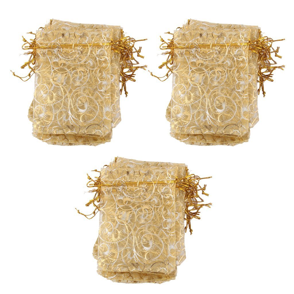 Premium Printed Golden Organza Gift Bags 6x8 Inches (50 Pack) - Elegant Drawstring Pouches for Wedding Favors, Jewelry Packaging & Party Return Gifts | Perfect for Bridal Showers, Baby Showers & Special Occasions