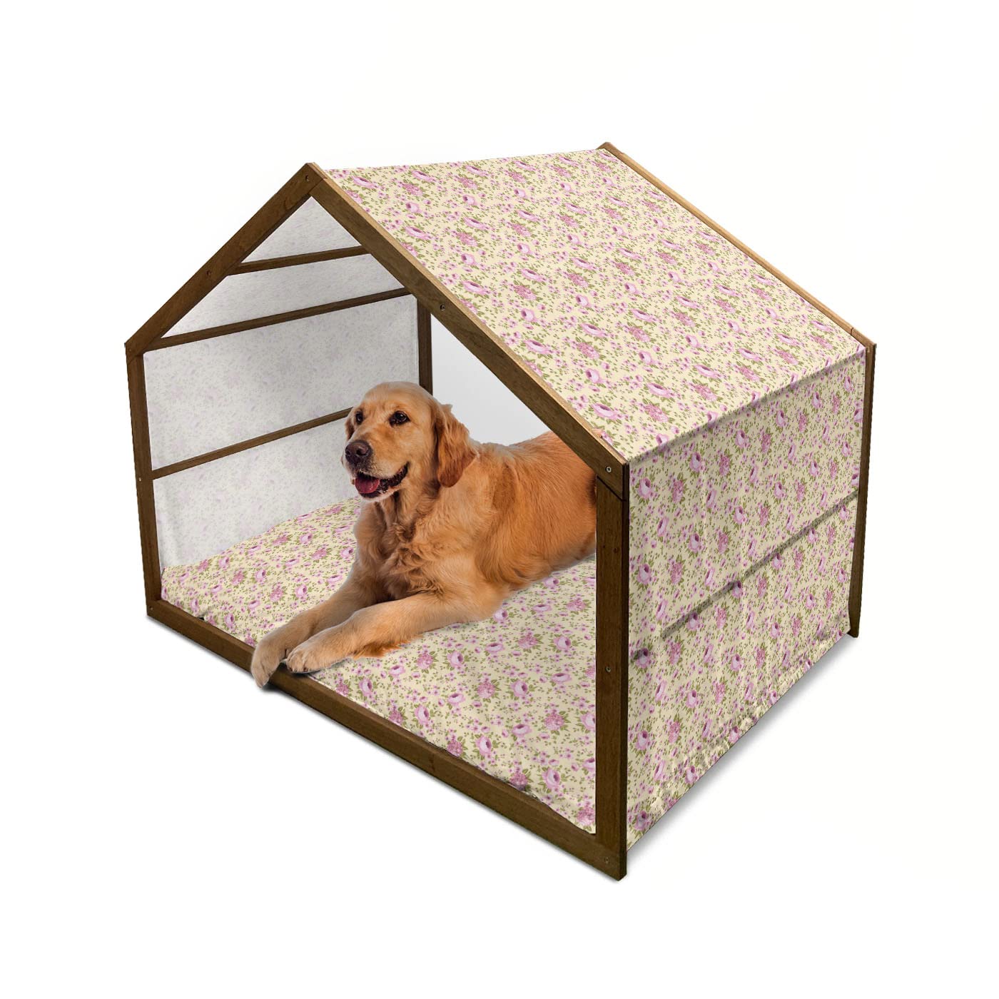 Ambesonne Peony Wooden Dog House - Vintage Hydrangea Floral Design Indoor/Outdoor Portable Pet Kennel with Pillow & Cover - 2X-Large Olive Green & Pale Pink - Perfect for Gardens, Patios & Cozy Home Decor