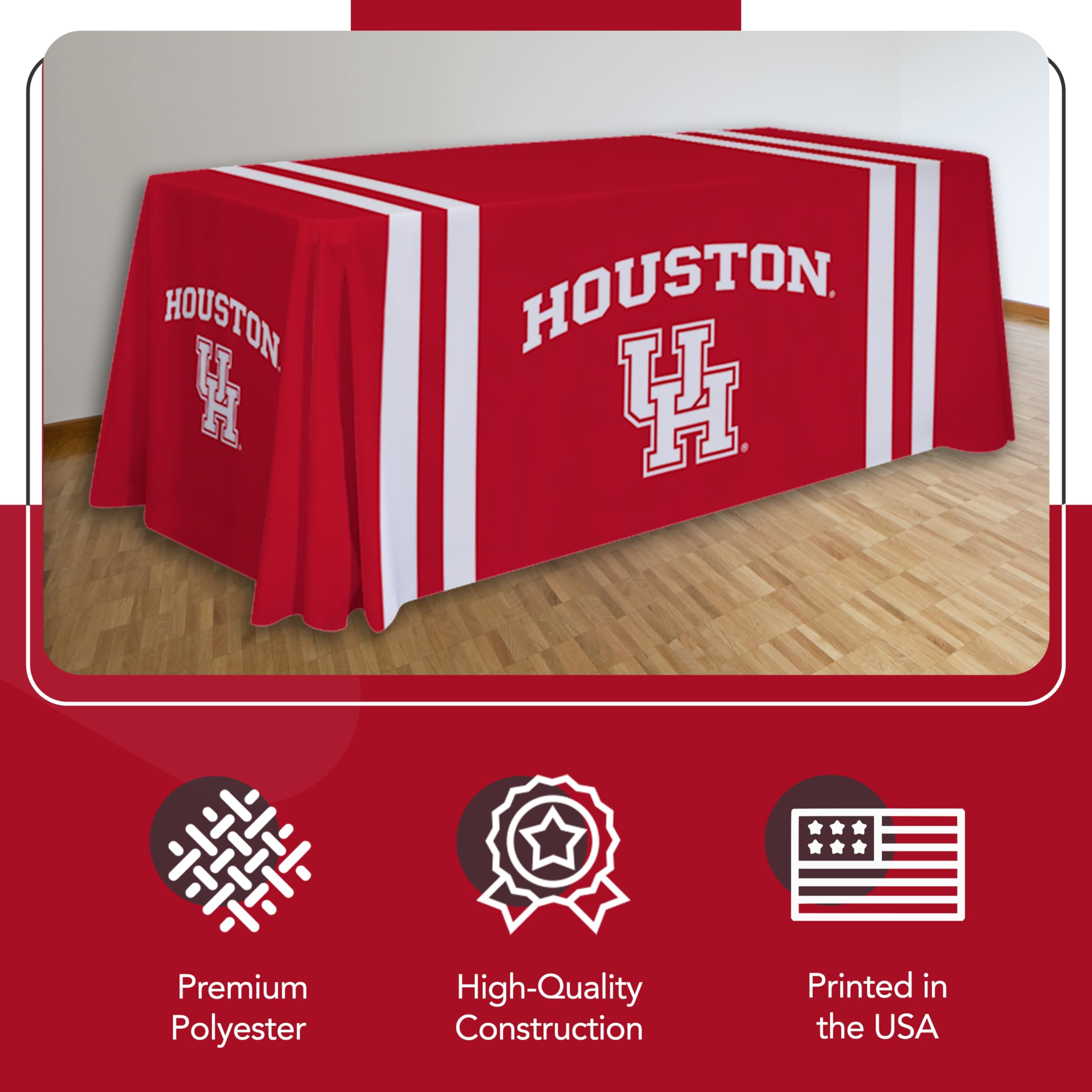 Houston Cougars 6ft NCAA Licensed College Sports Table Throw - Polyester Draped Tablecloth for Game Day Decor (White & Red) - Perfect for Tailgating, Dorm Room & Fan Cave Decorations