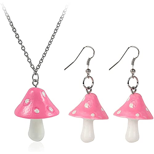 Sevenfly Mushroom Necklace & Earrings Set for Women - Punk Chain with 3D Simulation Mushroom Pendant - Fashion Jewelry Gift for Girls, Perfect for Halloween, Cosplay, and Gothic Outfits