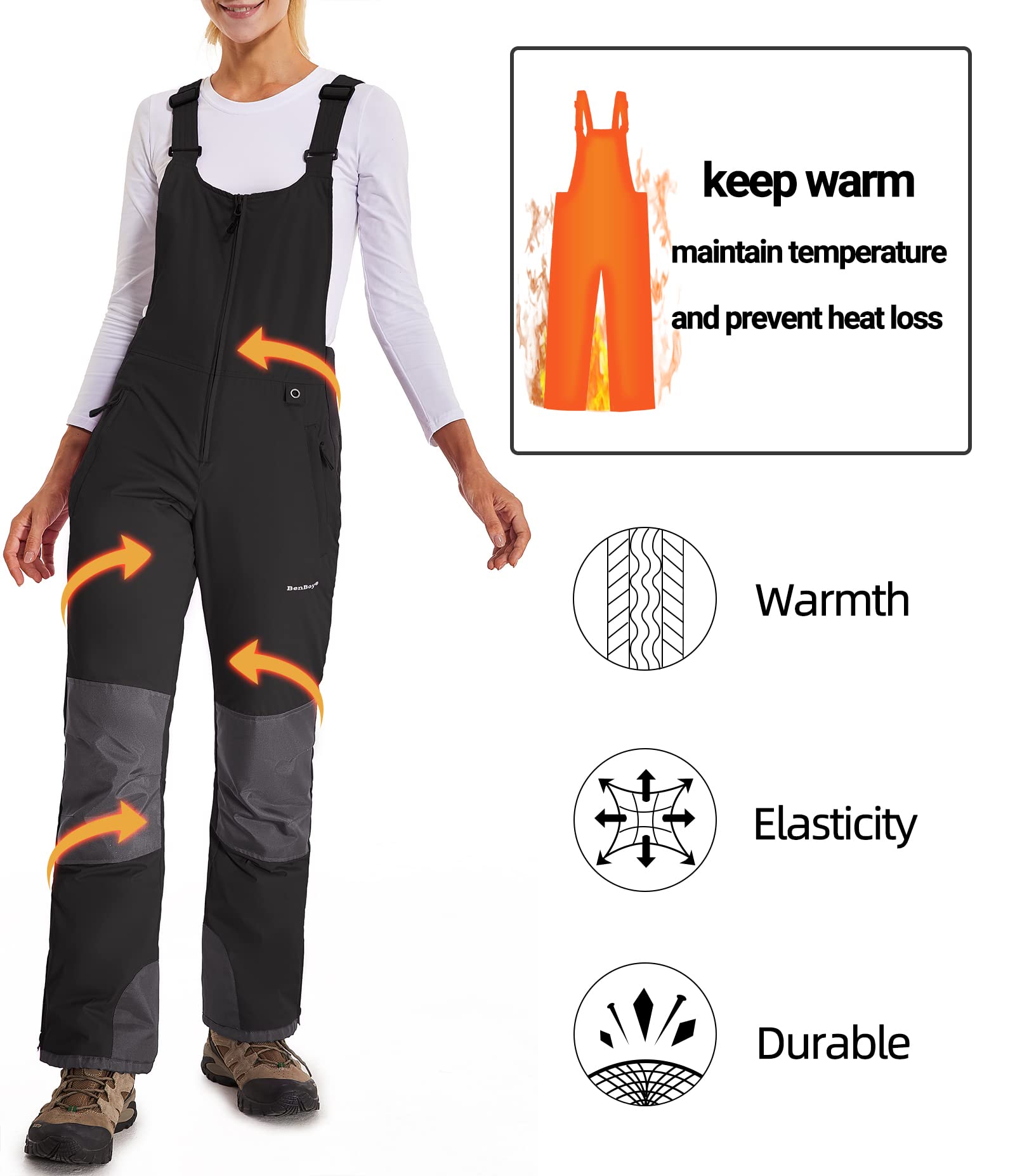 BenBoy Women's Waterproof Insulated Snow Bibs - Windproof Ripstop Ski Overalls for Snowboarding & Winter Sports | Perfect for Skiing, Snowboarding & Cold Weather Adventures