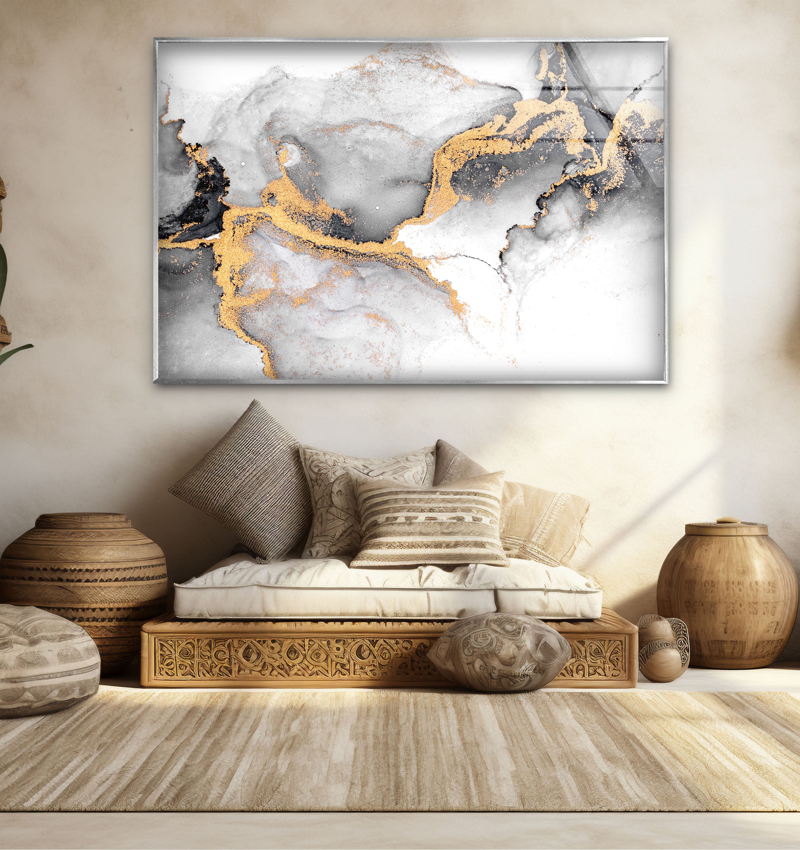 Black White and Gold Abstract Wall Art - Minimalist Glass Print for Modern Home & Office Decor | Perfect for Living Room, Bedroom & Office Spaces