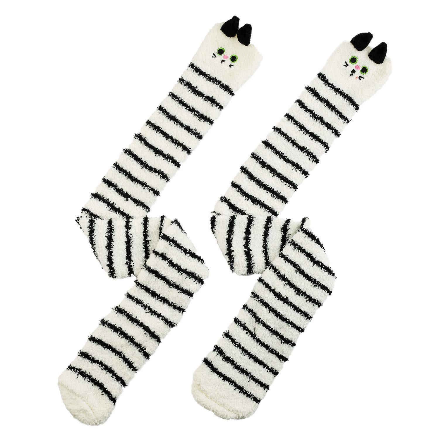 Wander G Women's Over Knee High Fuzzy Socks - Cute Cartoon Thigh High Stockings, Warm Striped Leg Warmers for Winter, Christmas Gifts, Lounge & Home Comfort