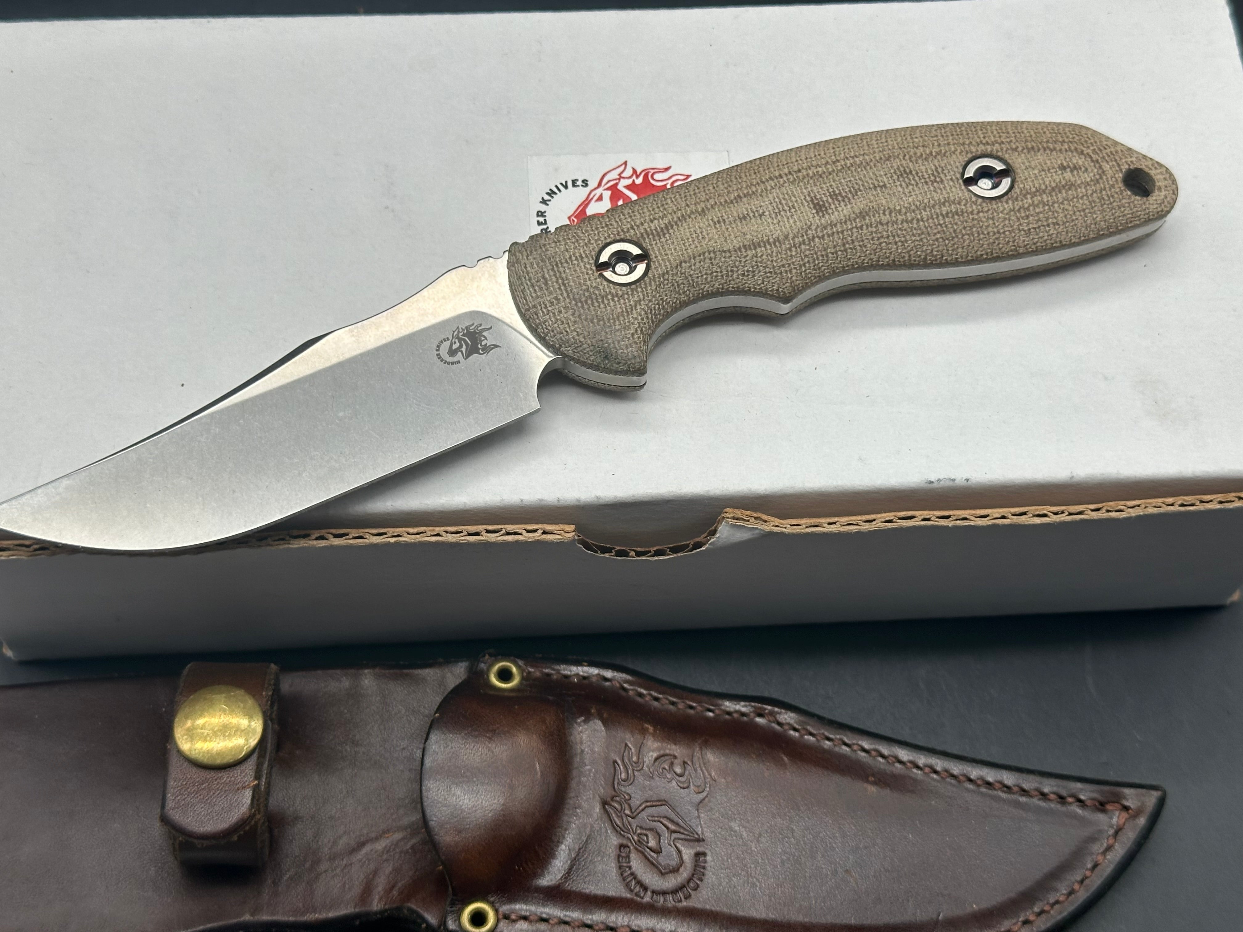 Hinderer Emmett Bowie Fixed Blade Knife - 20CV Stonewashed Steel, Green Micarta Handle - Hunting, Camping, Outdoor Survival Gear