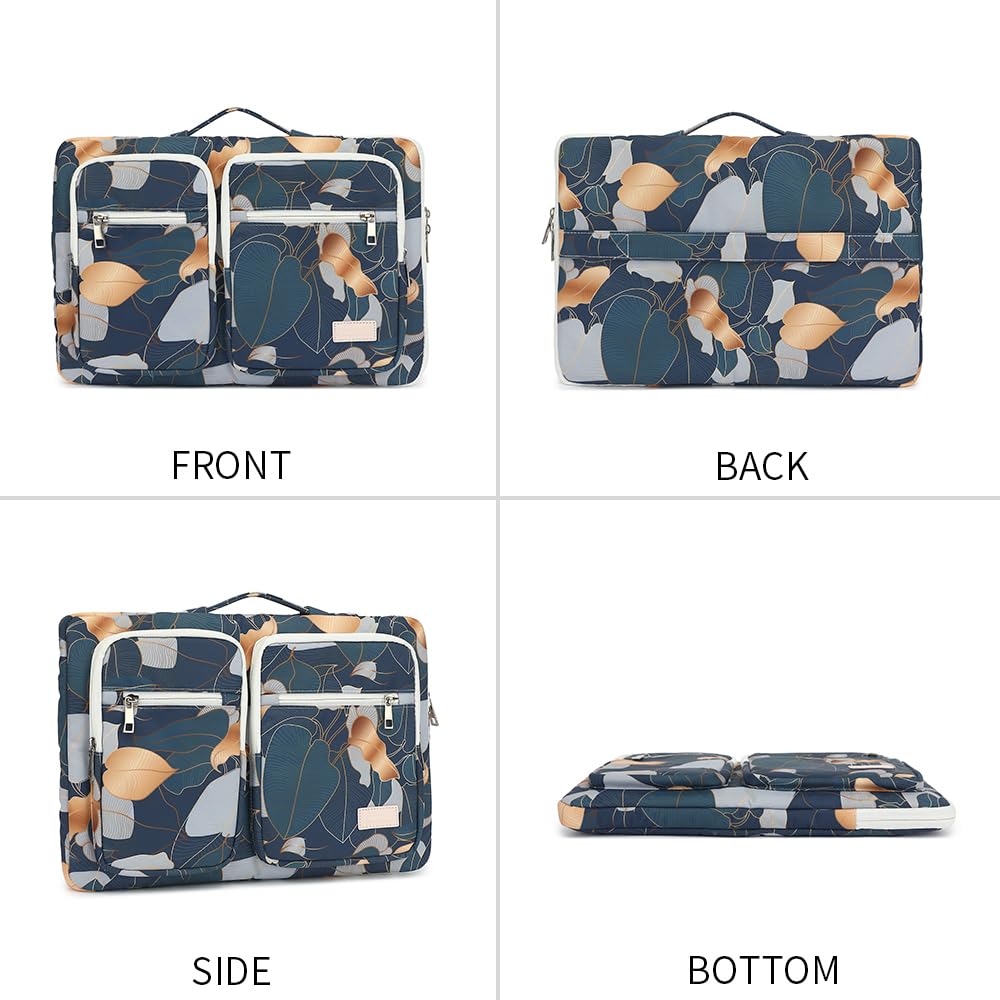 360° Protective Laptop Sleeve Case for MacBook Pro 16/15 inch & 15.6 inch Laptops - Waterproof Shockproof with 4 Storage Pockets - Perfect for Travel, Office & School (Blue Leaf Pattern)