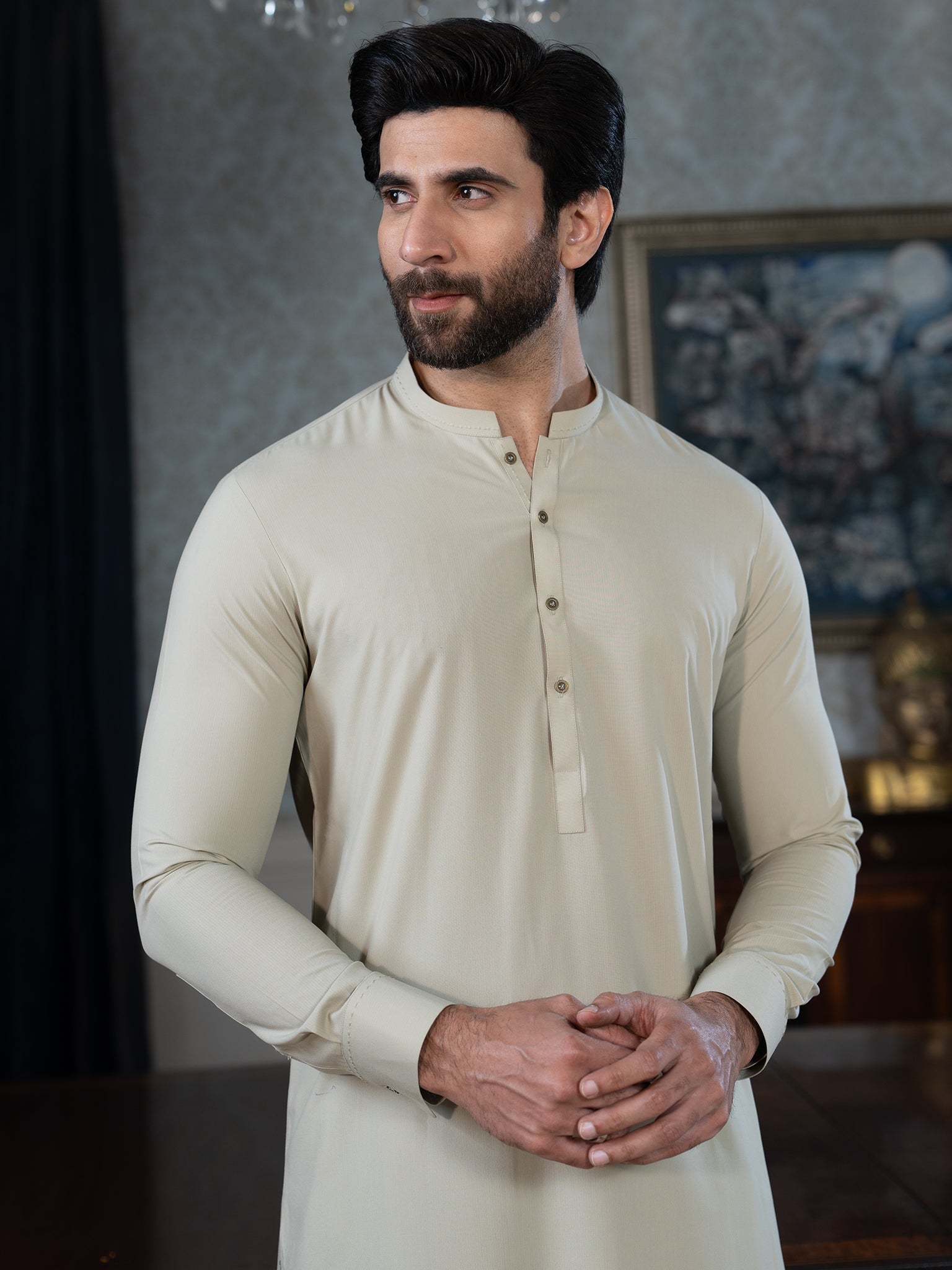 Blended Stripes Moss Grey Kurta Trouser by J. Junaid Jamshed | Premium Pakistani Ethnic Wear for Men | Perfect for Eid, Weddings & Formal Occasions