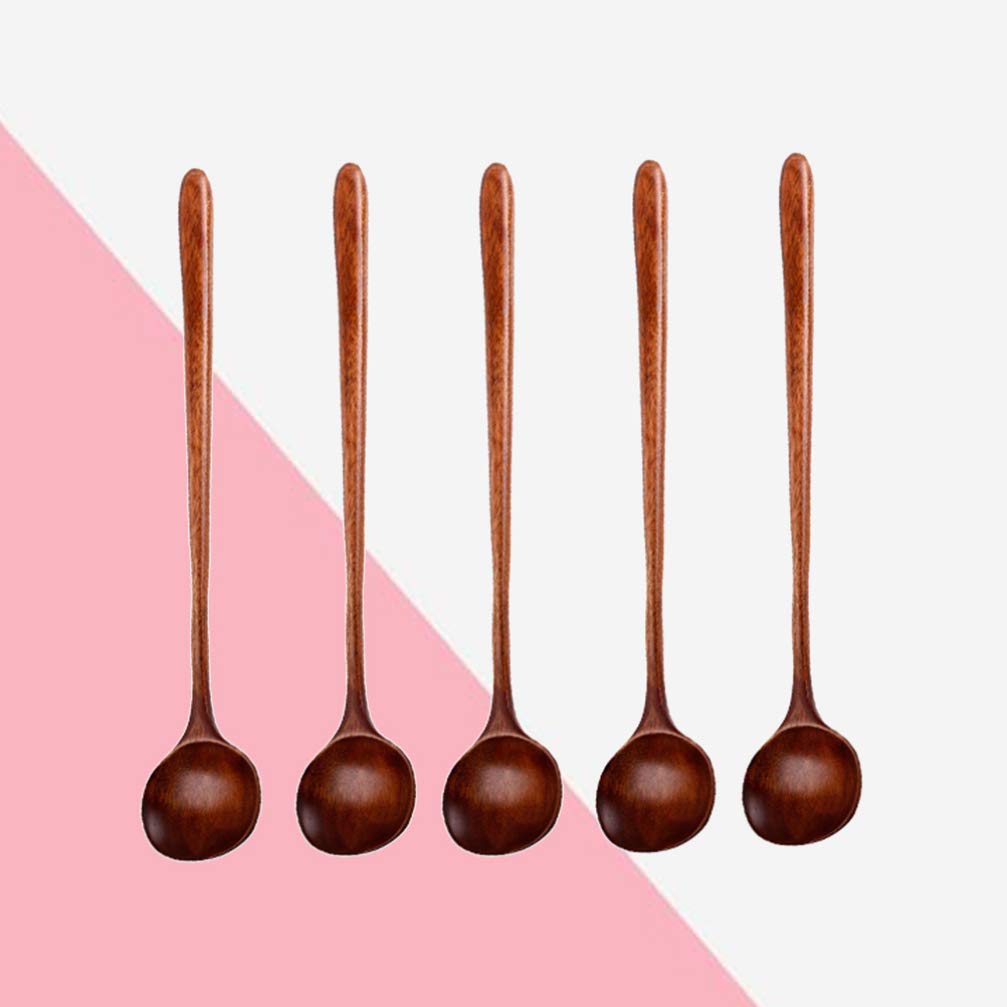 5-Piece Korean Style Natural Wooden Stirring Spoons Set - Long Handle Wood Soup Ladle for Cooking, Serving - Ideal for Home Kitchen, Restaurant & Cafes