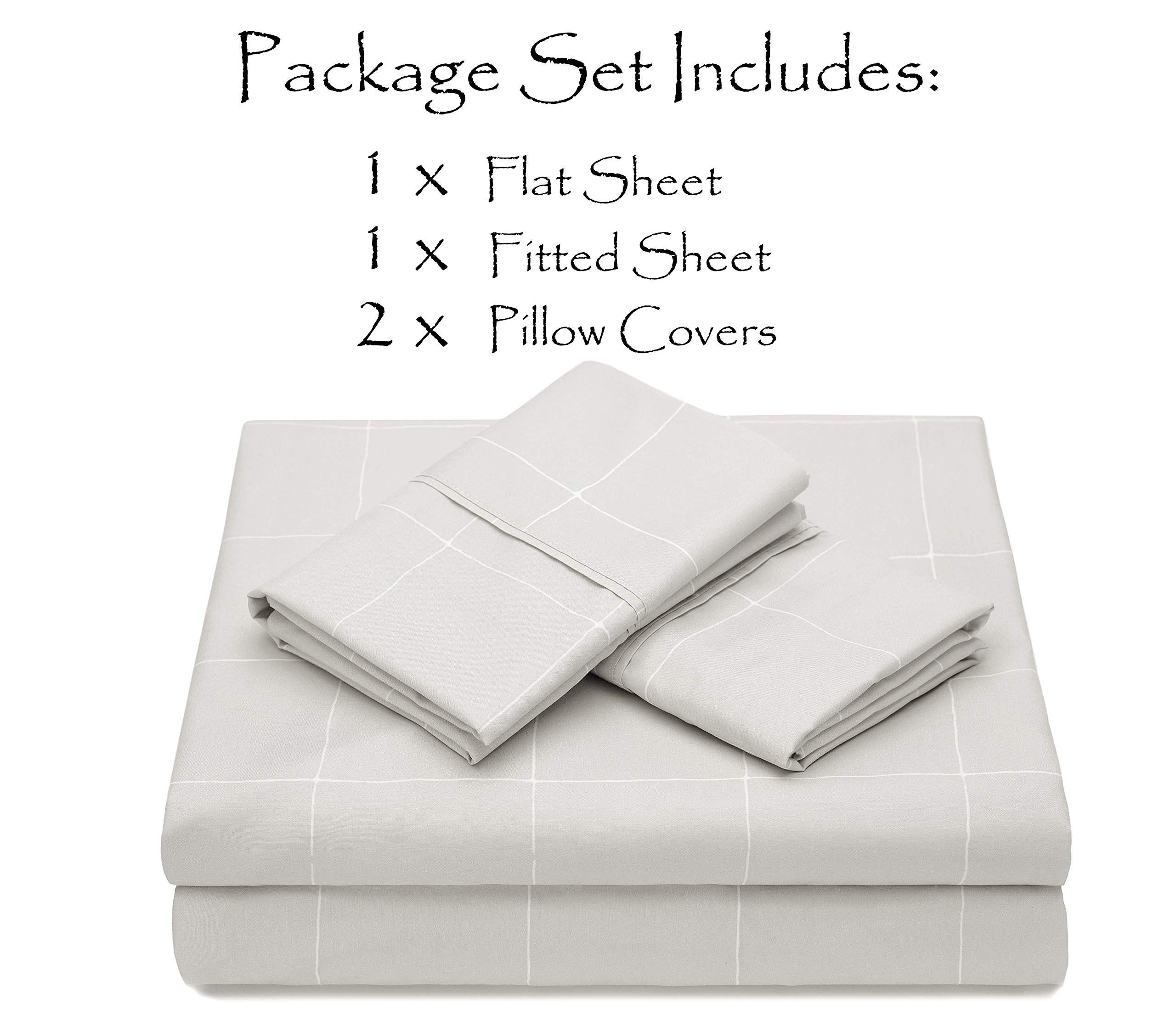 Premium Printed Queen Bed Sheet Set 4-Piece - Soft Hand Drawn Plaid Pattern Microfiber Sheets - Wrinkle & Fade Resistant - Includes 1 Flat Sheet, 1 Fitted Sheet & 2 Pillowcases - Gray - Perfect for Master Bedroom, Guest Room & Dorm Decor