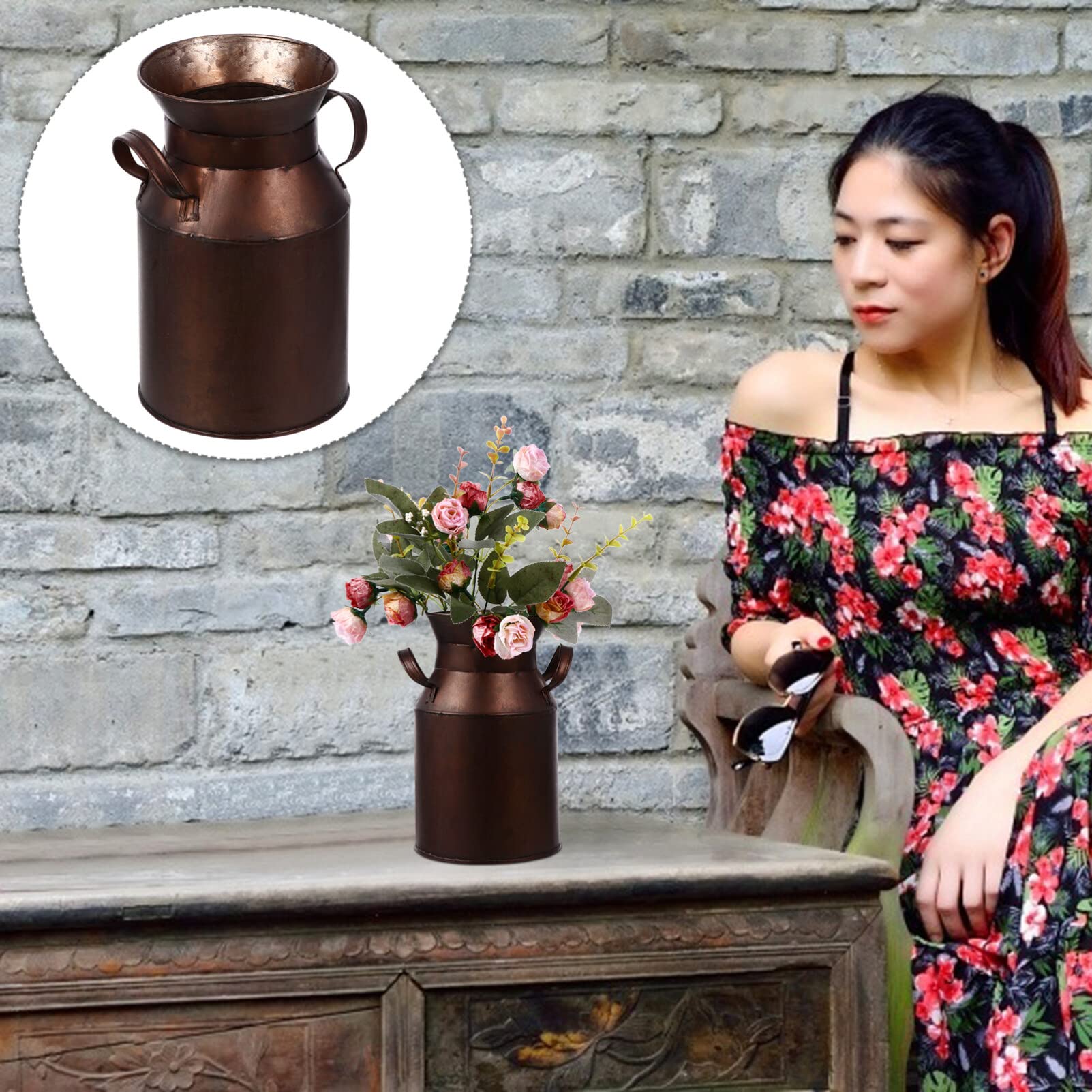 Antique Bronze Farmhouse Bucket Vase - Rustic Metal Milk Can Pitcher Jug for Table Centerpiece Decor | Country Home, Wedding & Farmhouse Style Decoration
