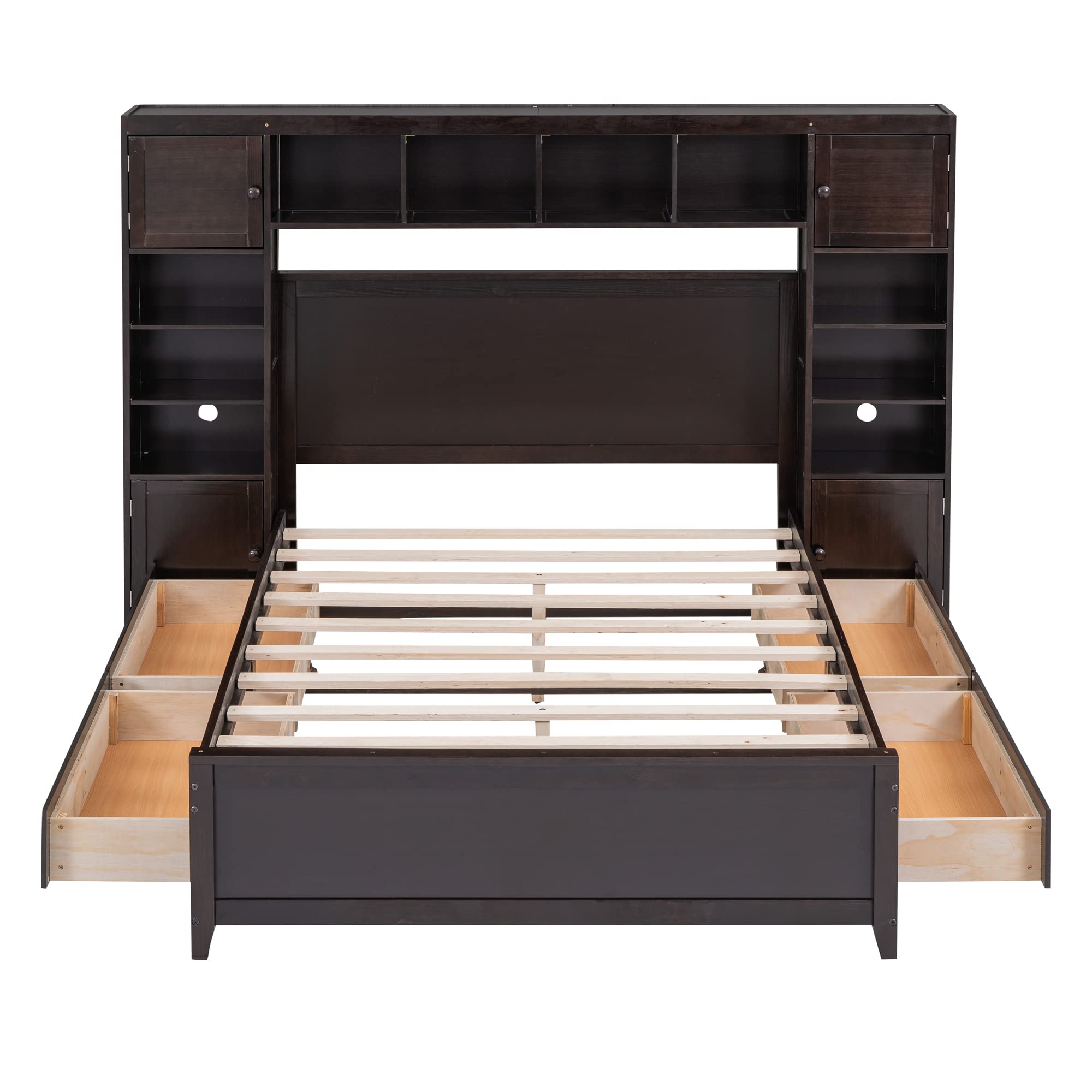 Full Size Wooden Platform Bed Frame with Storage Drawers, Cabinet & Shelves - All-in-One Panel Bed with Headboard & Slats Support (No Box Spring Needed) - Espresso Finish - Perfect for Small Bedrooms, Guest Rooms & Space-Saving Solutions