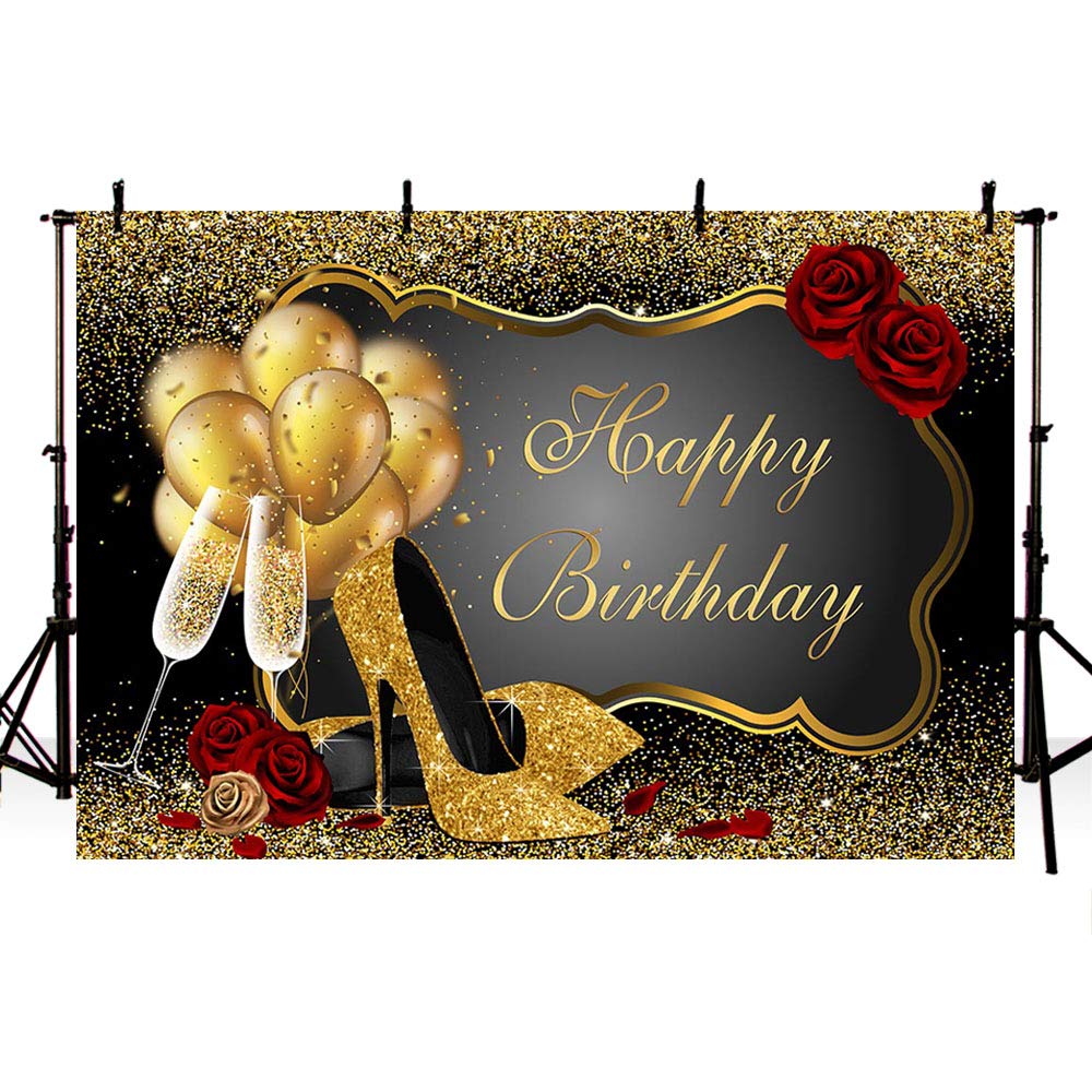 MEHOFOND 5x3ft Black & Gold Birthday Photo Backdrop with Glitter Heels, Balloons & Champagne - Elegant Women's Birthday Party Decor for Photography, Social Media & Special Celebrations