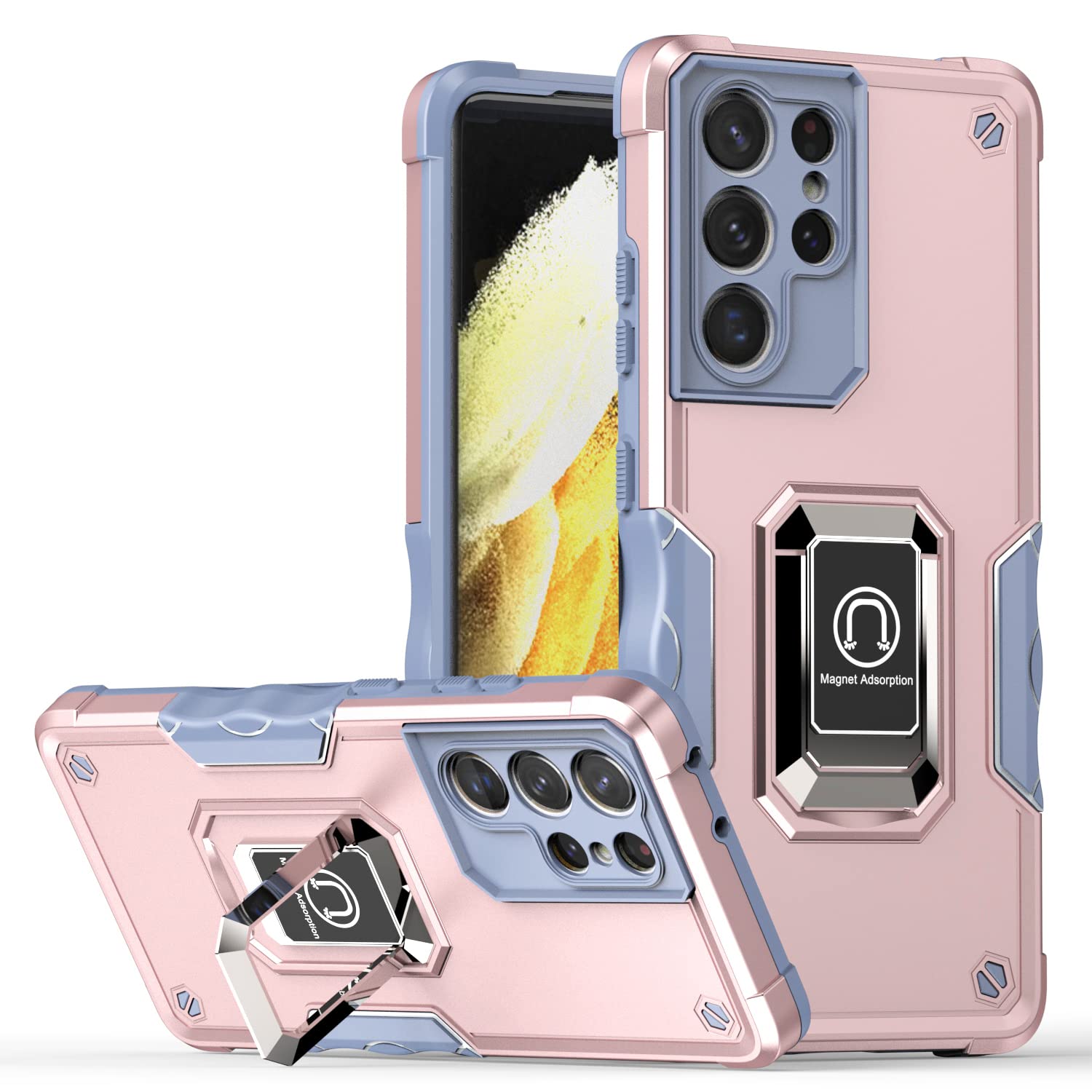 Premium Samsung Galaxy S21 Ultra Case with Swivel Kickstand & Camera Cover - Military Drop-Tested, Lens Protection, Rose Gold - Perfect for Work, Travel, and Everyday Use