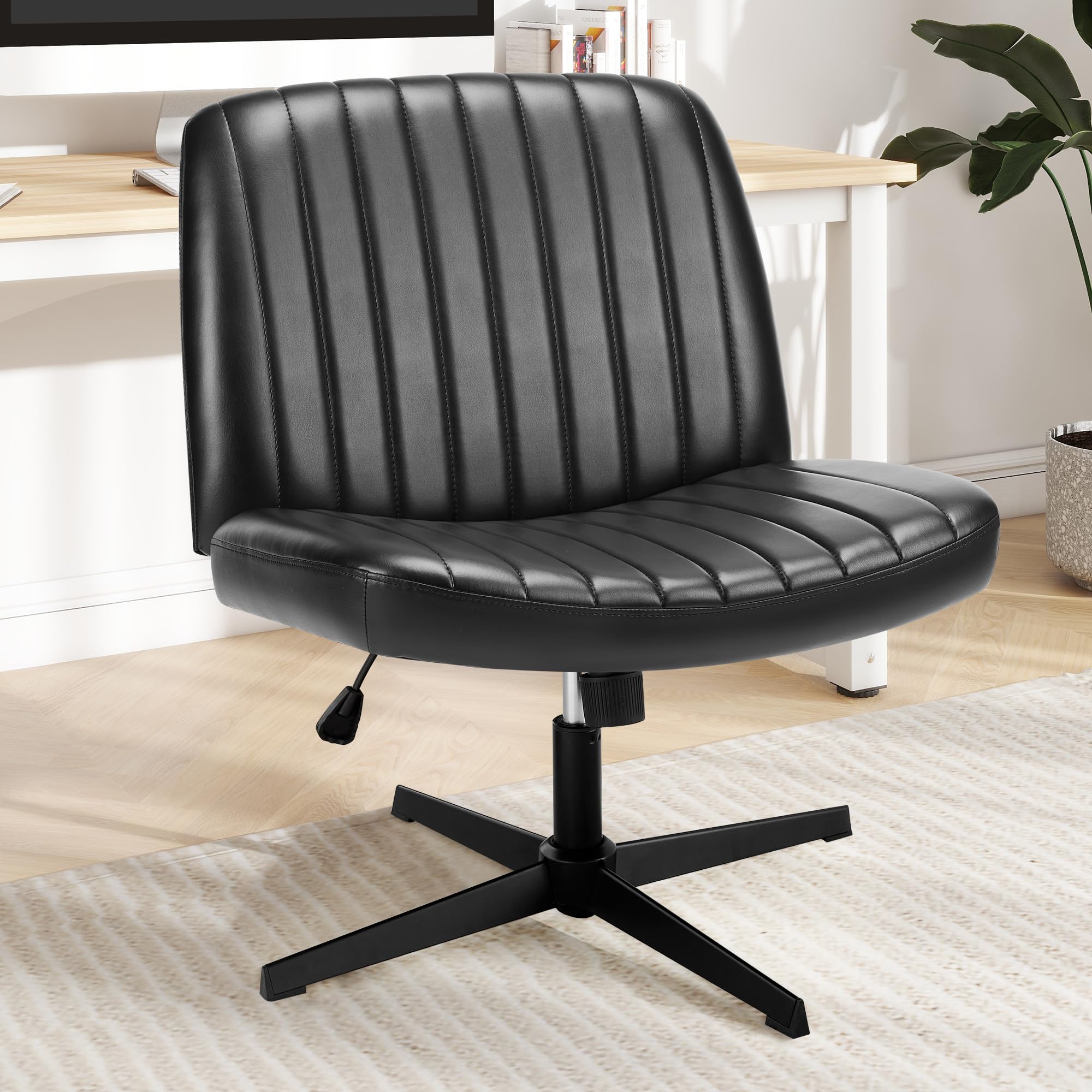DUMOS Criss Cross Chair Legged Office Chair - Wide Comfy Desk Seat Without Wheels, Armless Computer Task Chair, Swivel Vanity Chair with Height Adjustable - Perfect for Home Office, Gaming & Study