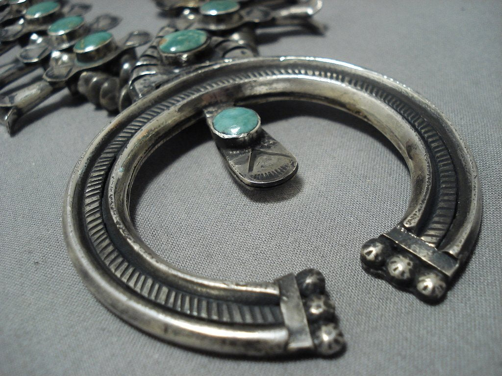 1940's Vintage Native American Jewelry Navajo Green Turquoise Sterling Silver Squash Blossom Necklace