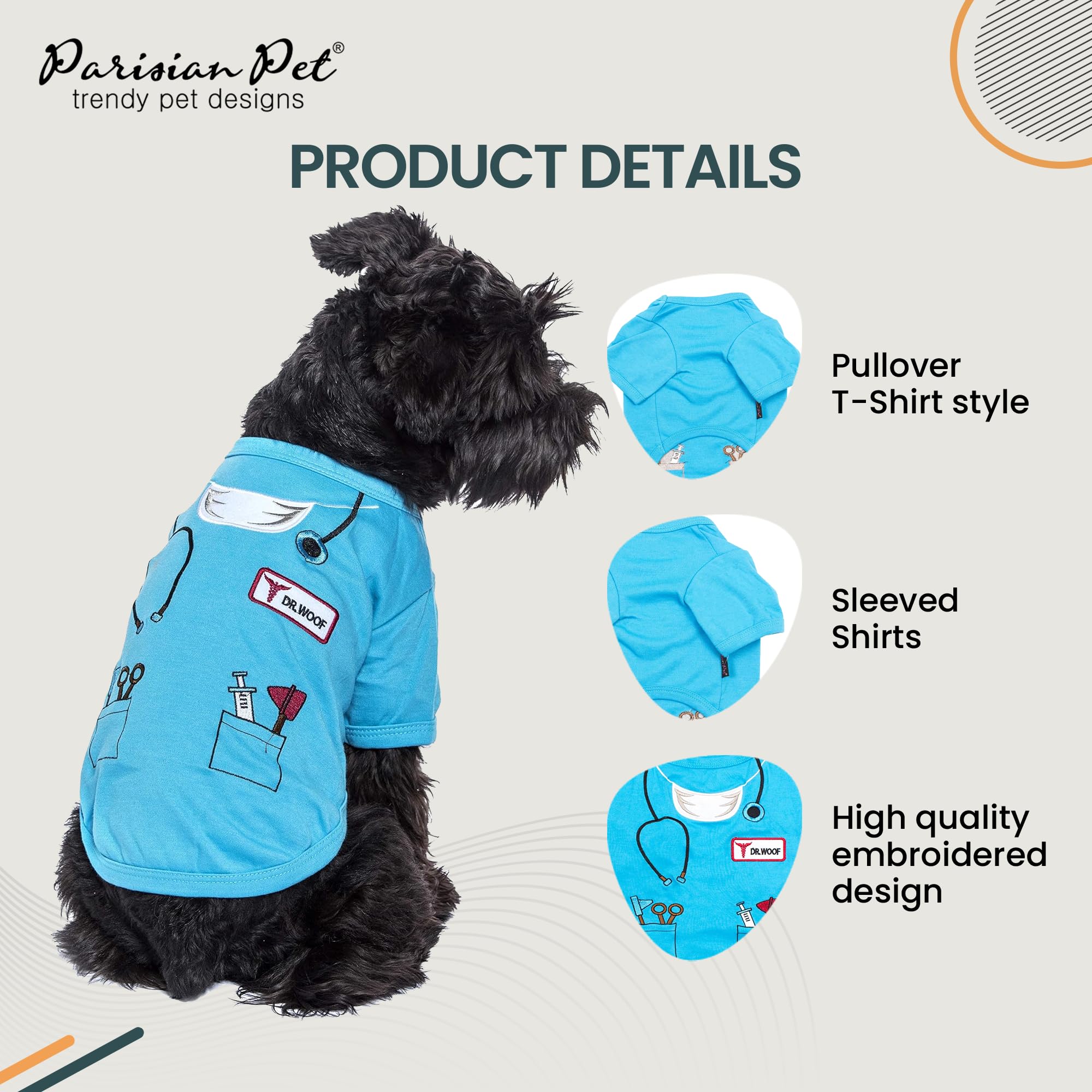 Parisian Pet Doctor Woof Dog Shirt - Embroidered Dog Pirate Costume - 100% Cotton & Polyester Doctor Outfit for Small Dogs - Blue Funny Sleeved Dog Clothes - Pet Costumes for Halloween, Dress Up Parties & Photo Shoots