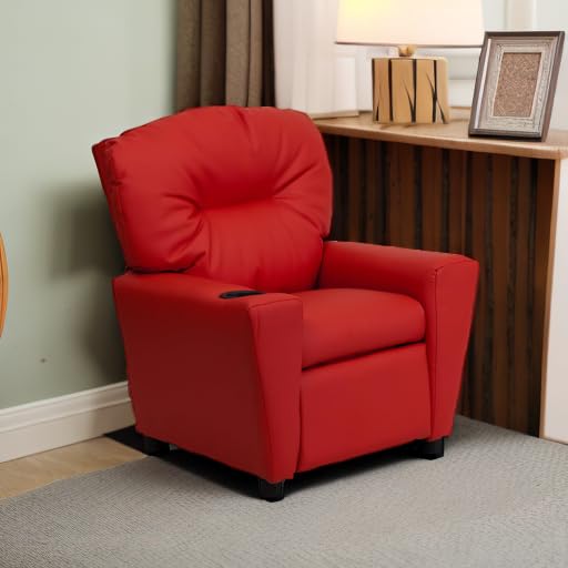 Flash Furniture Chandler Vinyl Kids Recliner with Cup Holder & Safety Recline - Contemporary Reclining Chair for Children (Supports up to 90 lbs, Red) - Perfect for Playrooms, Bedrooms & Movie Nights