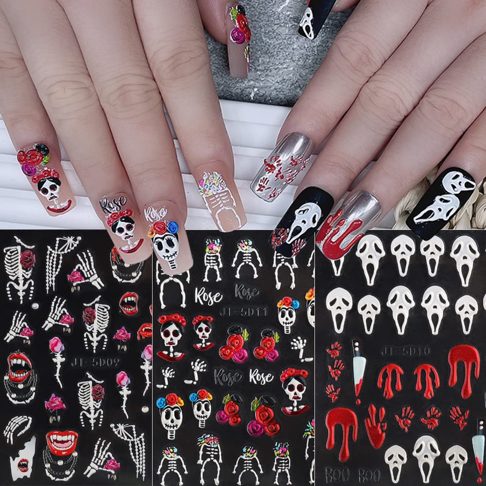 5D Halloween Nail Art Stickers - Sugar Skull Bone Blood Design, Self-Adhesive Nail Decals for Acrylic Nails (3 Sheets) - Perfect for Women & Girls DIY Nail Art, Costume Parties & Spooky Halloween Looks