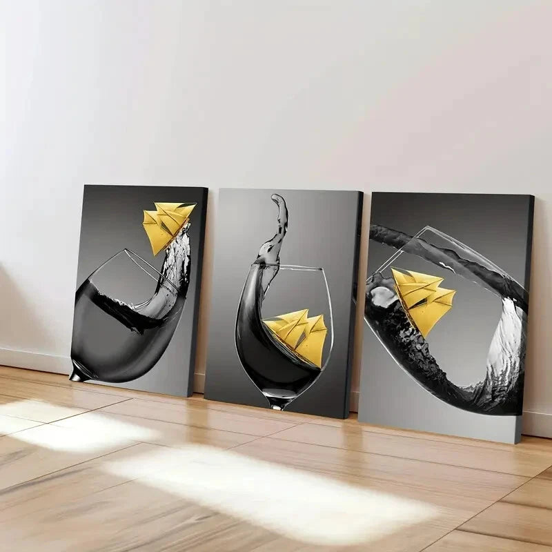 3-Piece Abstract Black & Yellow Wine Glass Wall Art Set - Framed Canvas 40x60cm - High Quality Print - 100% Australian Made - Ready to Hang - Perfect for Living Room, Dining Room & Home Decor