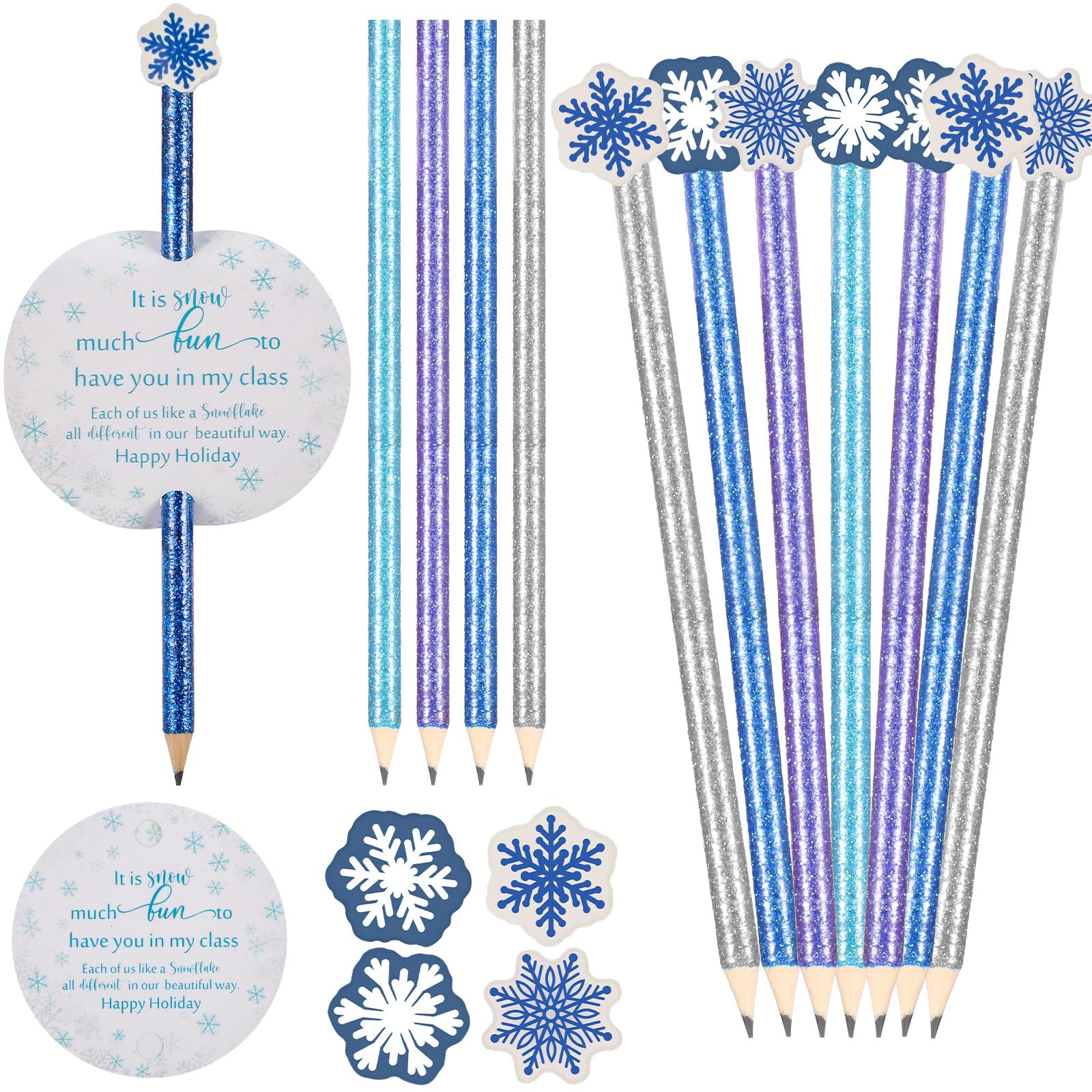 Jetec 20 Sets Christmas Glitter Pencils with Snowflake Eraser Toppers & Snowflake Cards - Fun Holiday Pencils for Students, Teachers, Classroom Party & Winter Gift Exchange - Perfect for School Rewards, Christmas Crafts & Festive Writing
