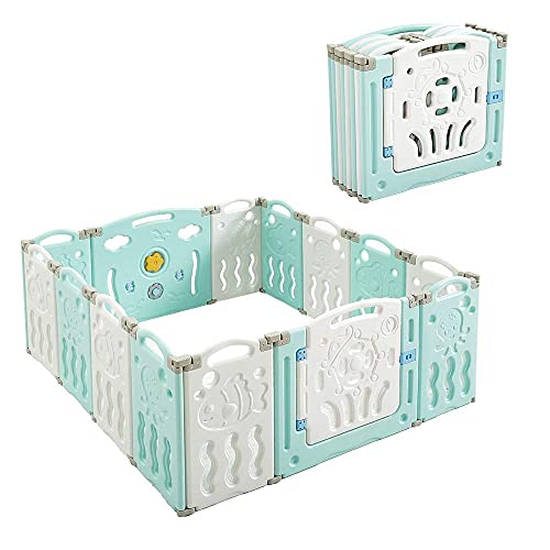 Albott Baby Playpen 14 Panels - Adjustable Safety Play Yard with Gate & Lock for Toddlers & Kids (25 Sq Ft, Blue+White) - Indoor & Outdoor Play Center for Home, Backyard, Daycare & Playdates