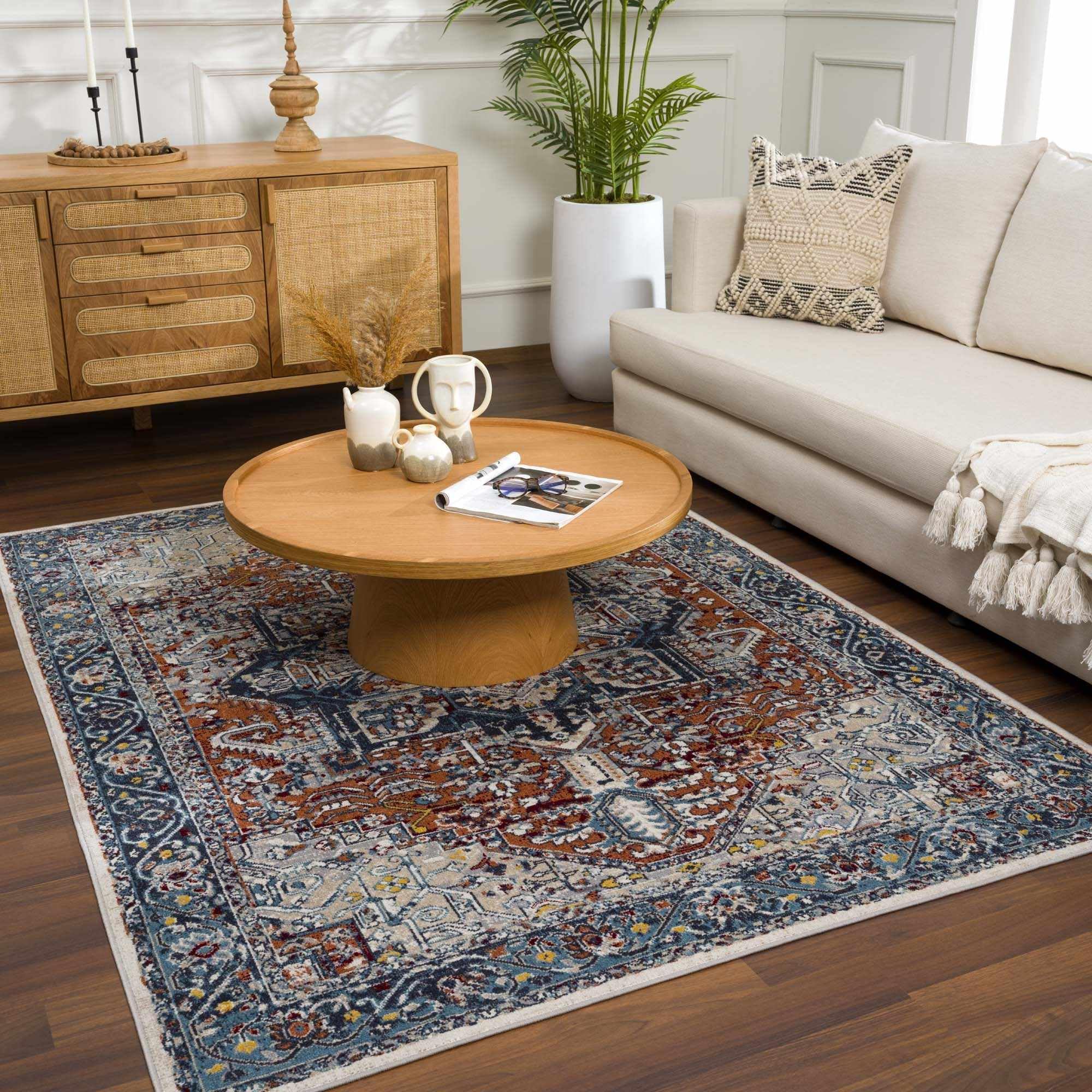 Hauteloom Uson Machine Washable Area Rug for Living Room & Bedroom - Traditional Design in Teal, Blue, Rust - 6'7