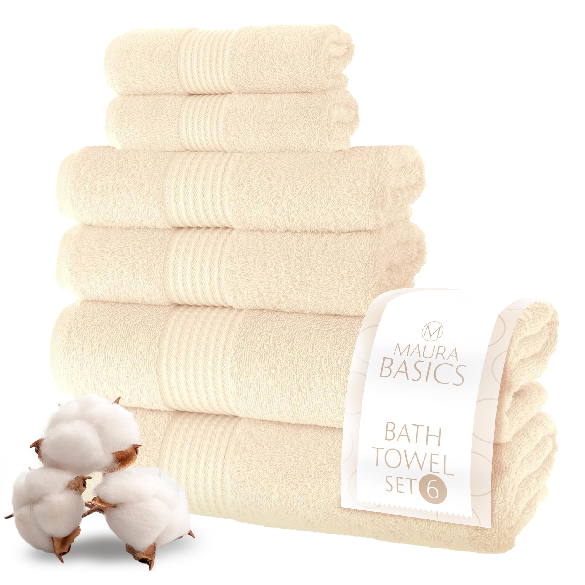 MAURA 6-Piece Bath Towel Set - 2 Bath Towels, 2 Hand Towels & 2 Washcloths with Hanging Loops | Ultra Soft, Highly Absorbent & Durable Cotton Bathroom Towels | Perfect for Spa, Guest Bathroom & Luxury Home Use (Cream)