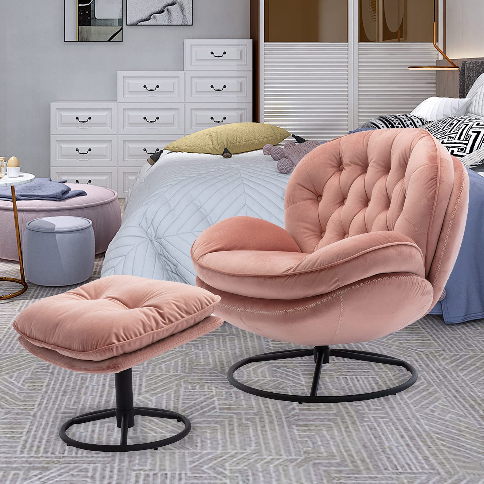 Velvet Swivel Accent Chair with Ottoman - Pink Cozy Lounge Chair for Living Room, Bedroom & Reading Nook - Modern Upholstered TV Chair & Lazy Sofa for Relaxing, Lounging or Chasing Comfort